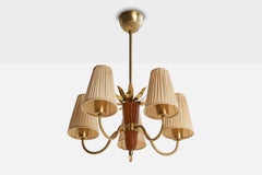 Swedish Designer, Chandelier, Brass, Oak, Fabric, Sweden, 1940s
