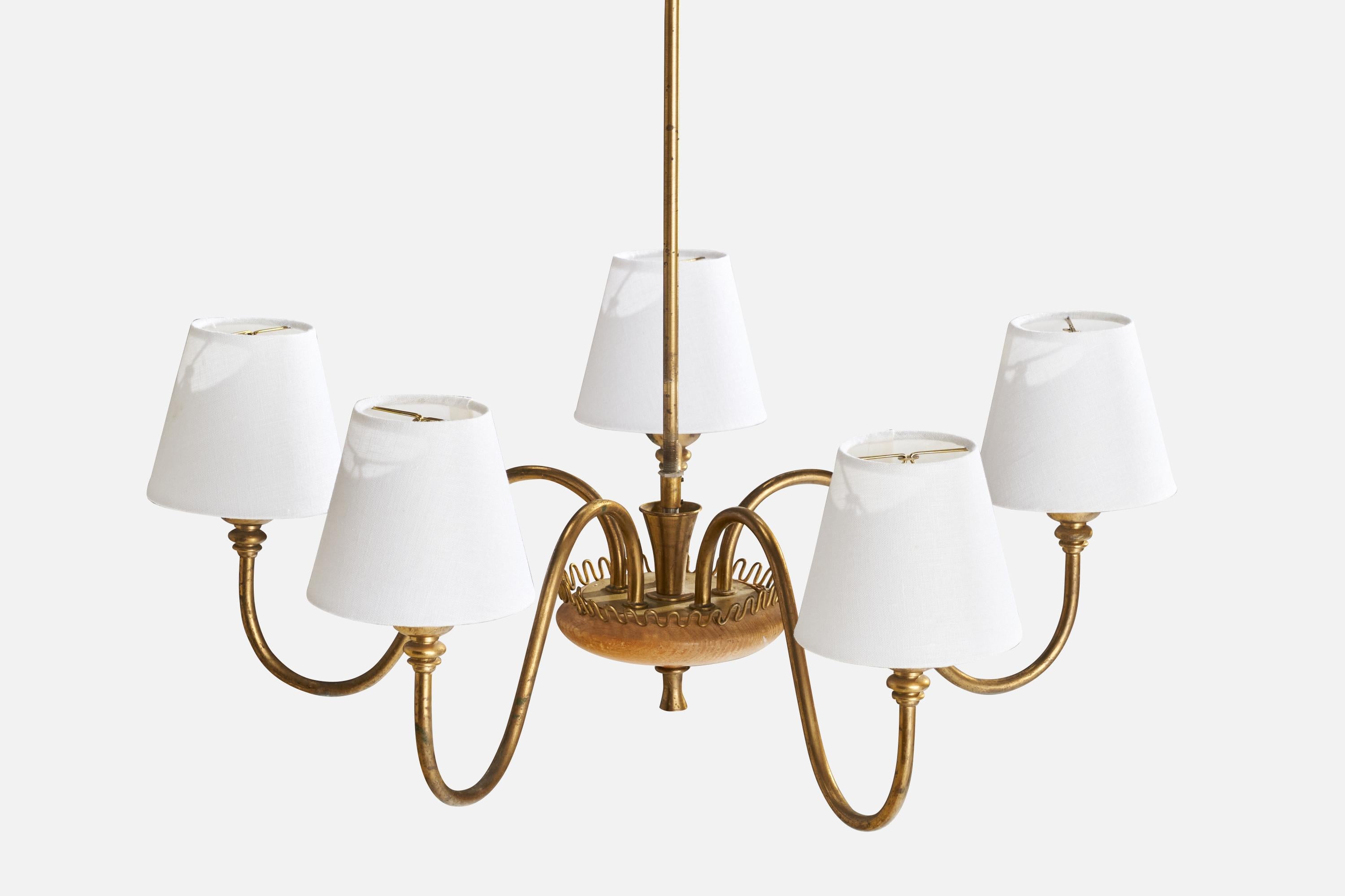 Swedish Designer, Chandelier, Brass, Oak, Fabric, Sweden, 1940s In Good Condition For Sale In High Point, NC