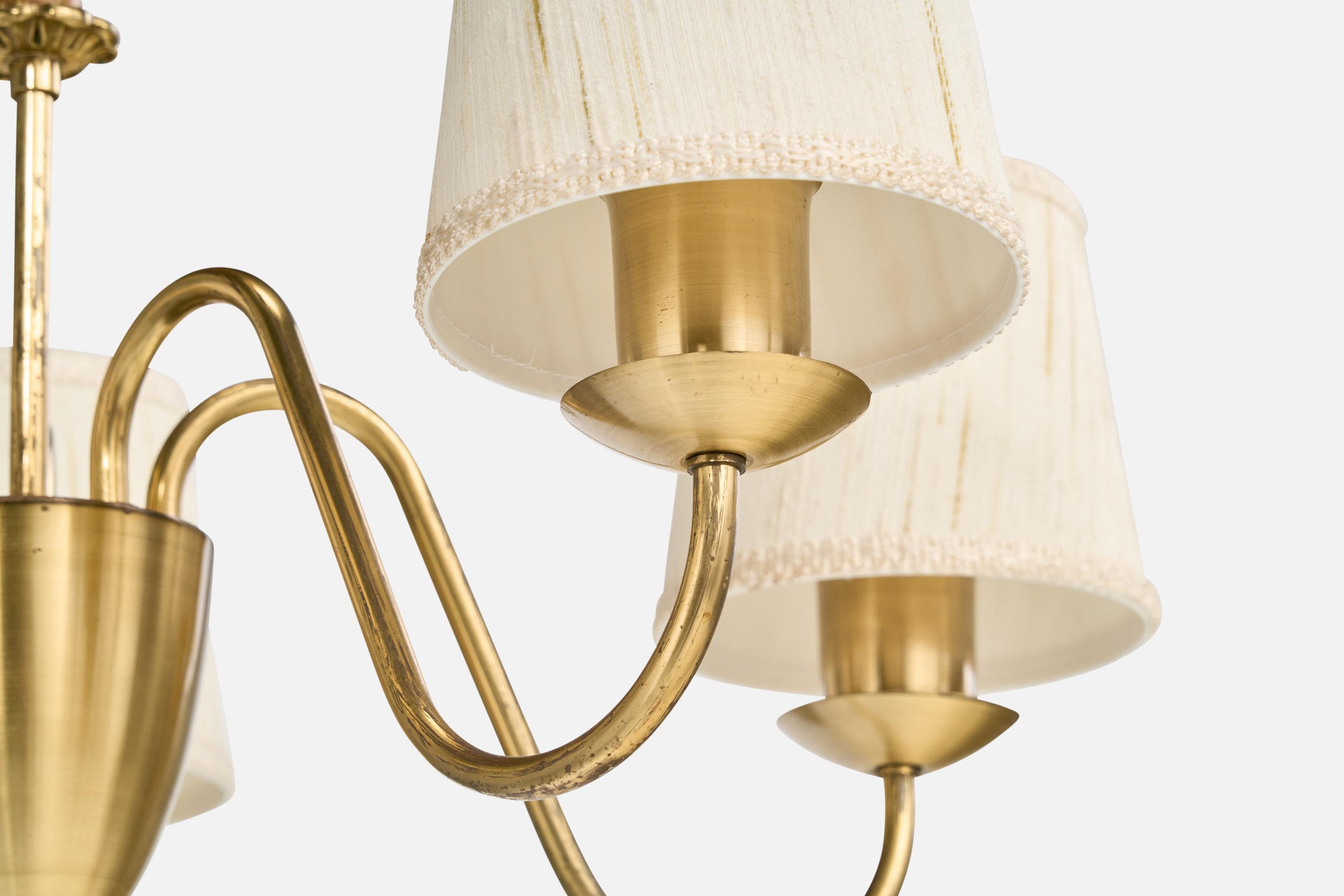Lampadario di design svedese, ottone, Oak, tessuto, Svezia, anni '40 in vendita 1