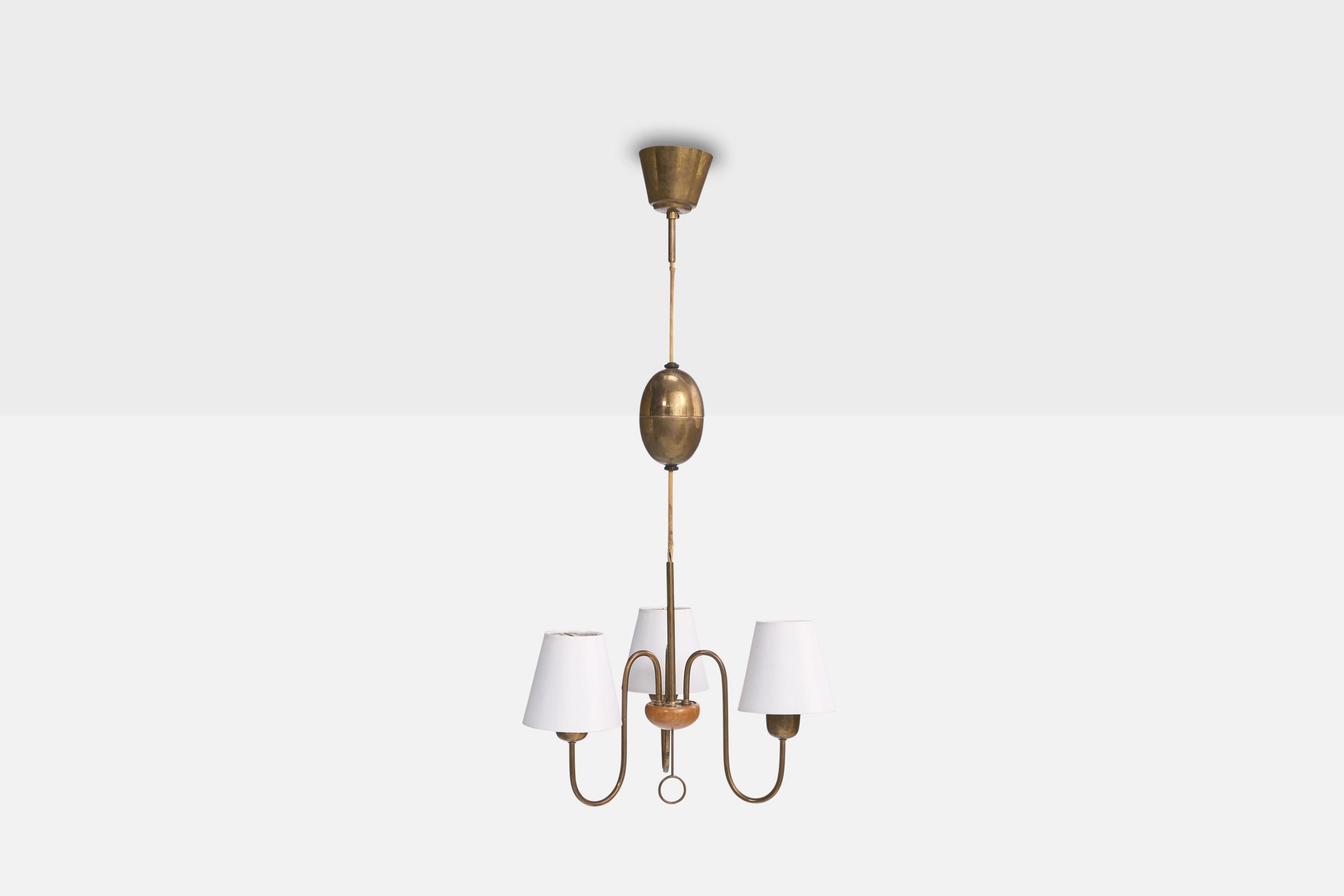 Lampadario di design svedese, ottone, Oak, tessuto, Svezia, anni '40 in vendita 1