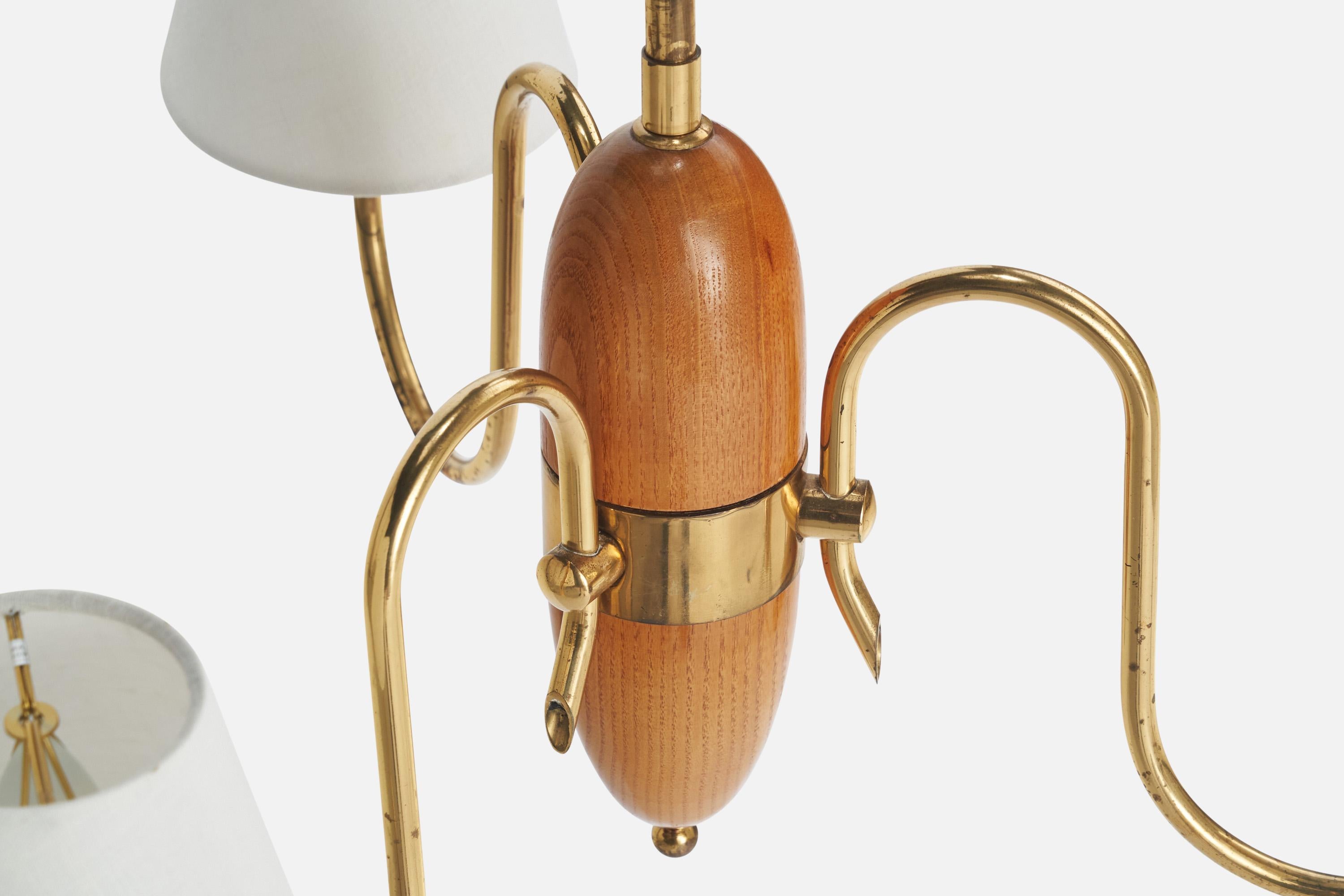 Lampadario di design svedese, ottone, Oak, tessuto, Svezia, anni '40 in vendita 1