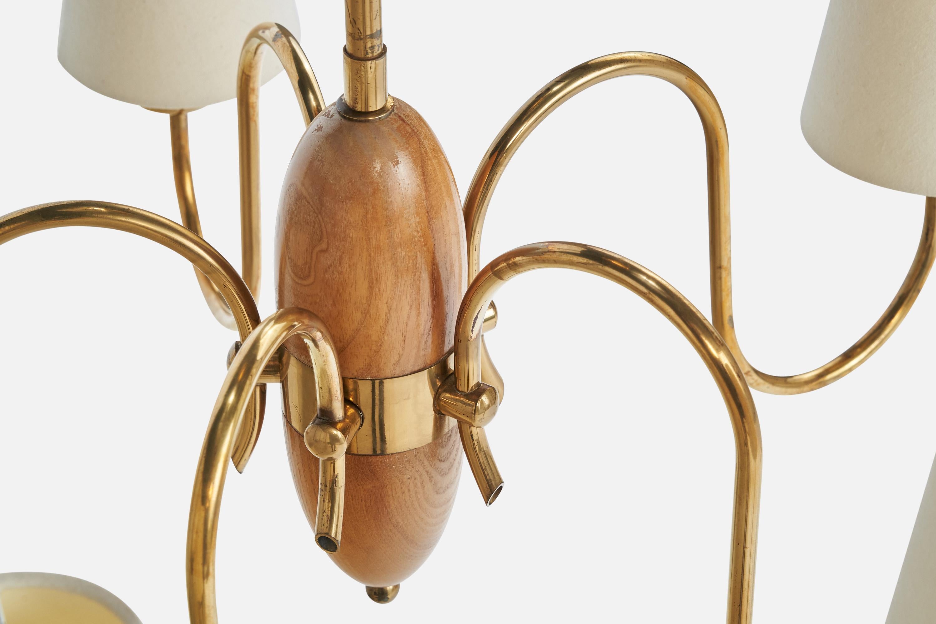 Lampadario di design svedese, ottone, Oak, tessuto, Svezia, anni '40 in vendita 1