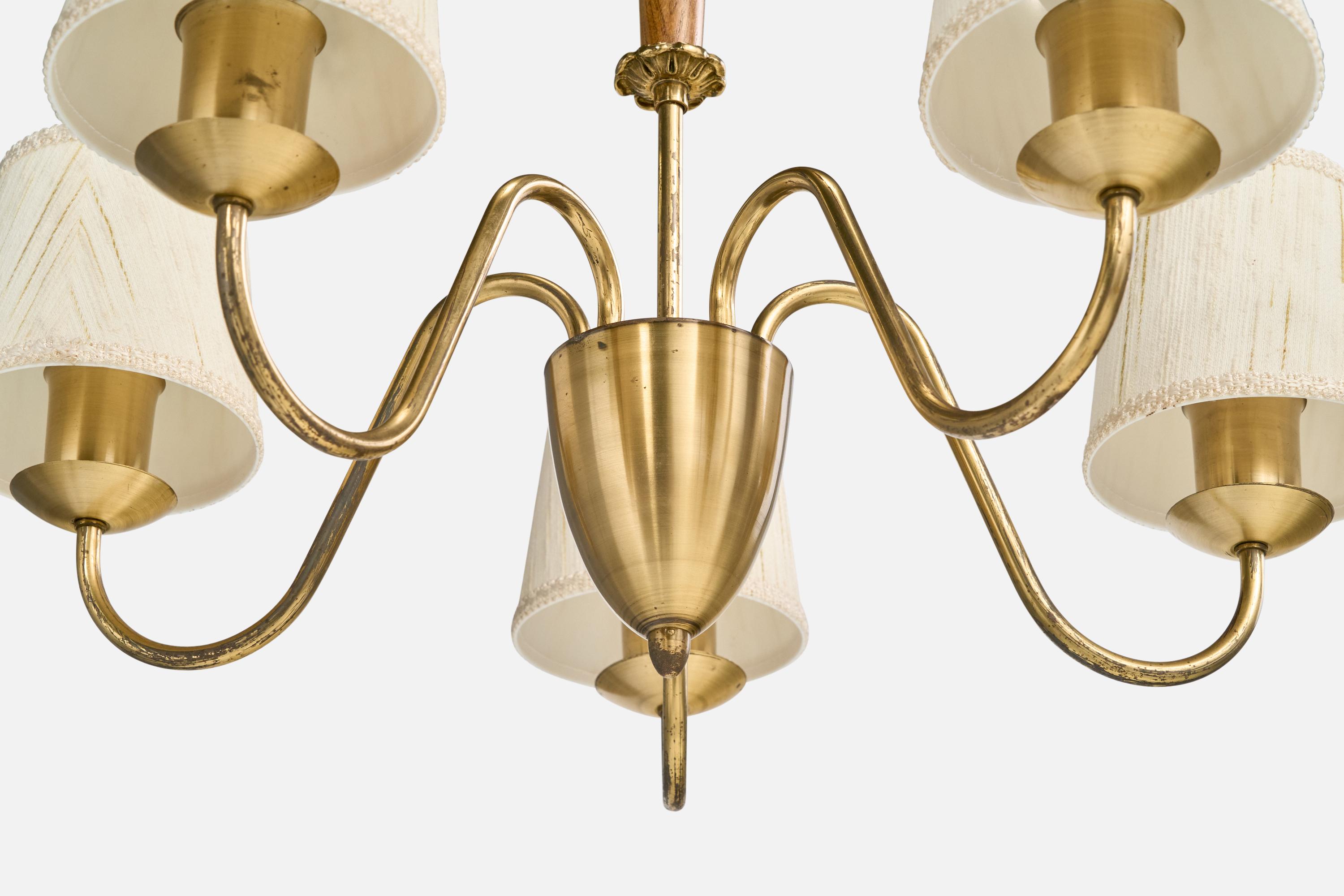 Lampadario di design svedese, ottone, Oak, tessuto, Svezia, anni '40 in vendita 2