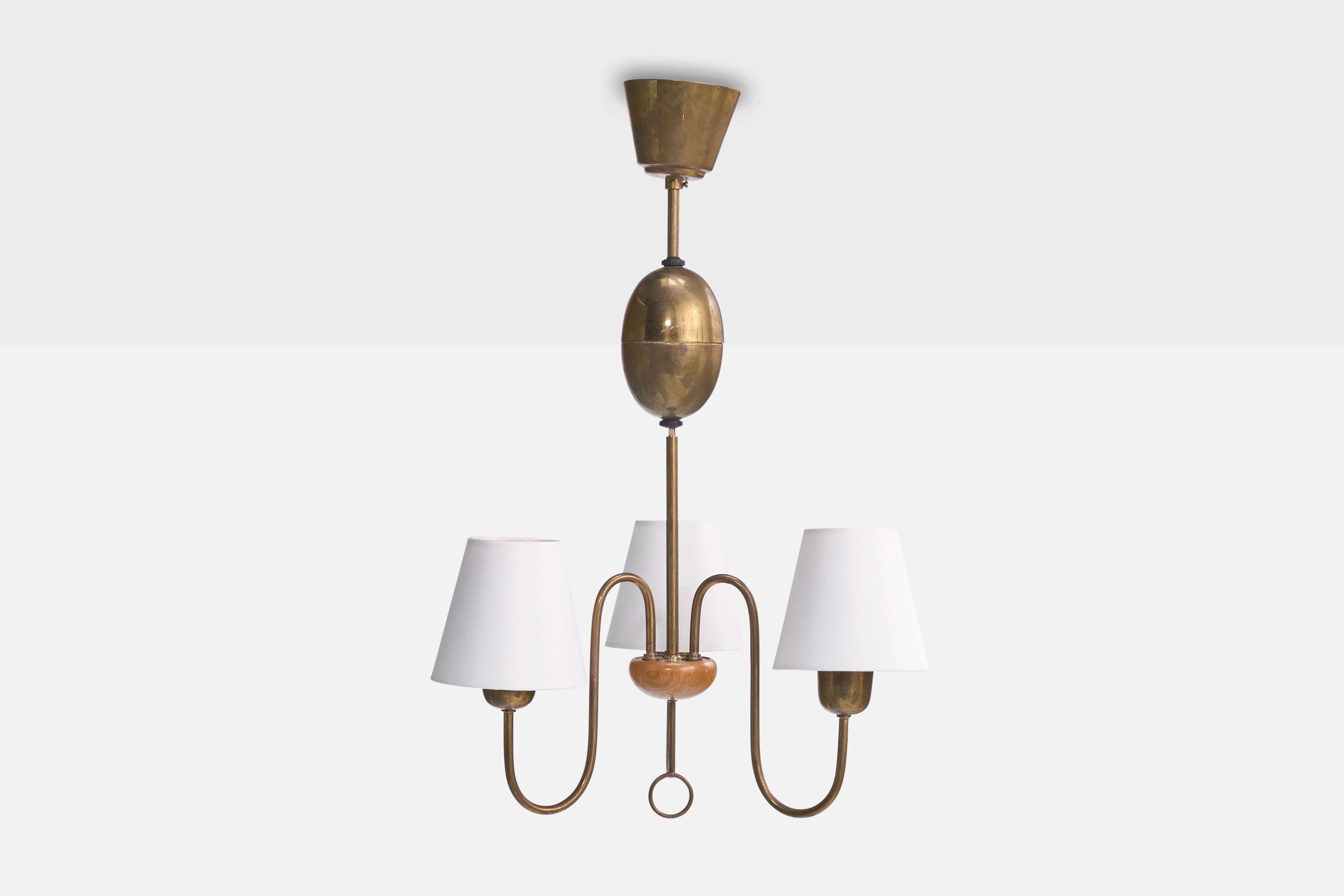 Lampadario di design svedese, ottone, Oak, tessuto, Svezia, anni '40 in vendita 2