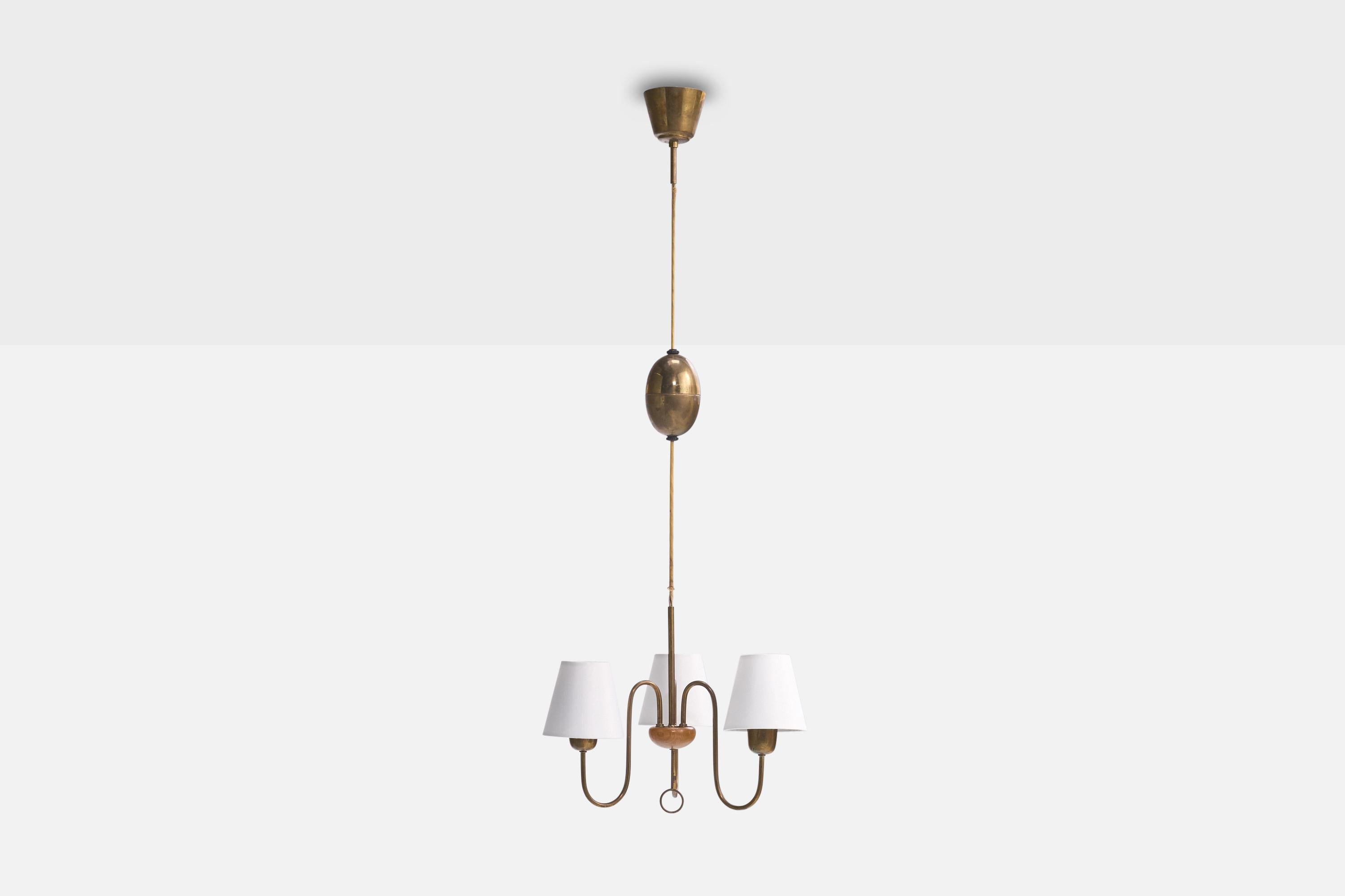 Lampadario di design svedese, ottone, Oak, tessuto, Svezia, anni '40 in vendita 3