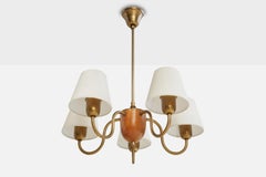 Lampadario di design svedese, ottone, Oak, tessuto, Svezia, anni '1950