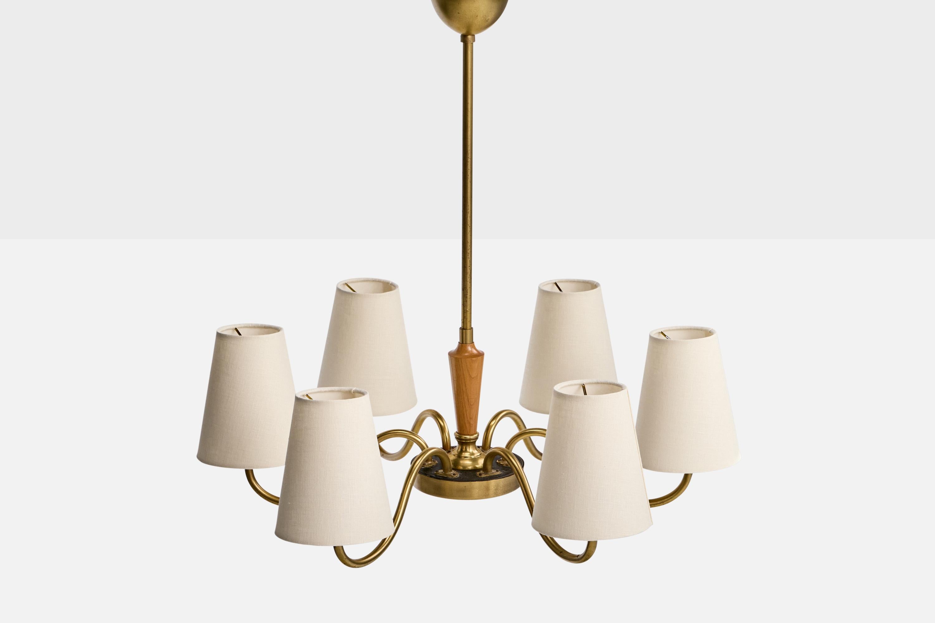 Svedese Lampadario di design svedese, ottone, Oak, tessuto, Svezia, anni '1950 in vendita