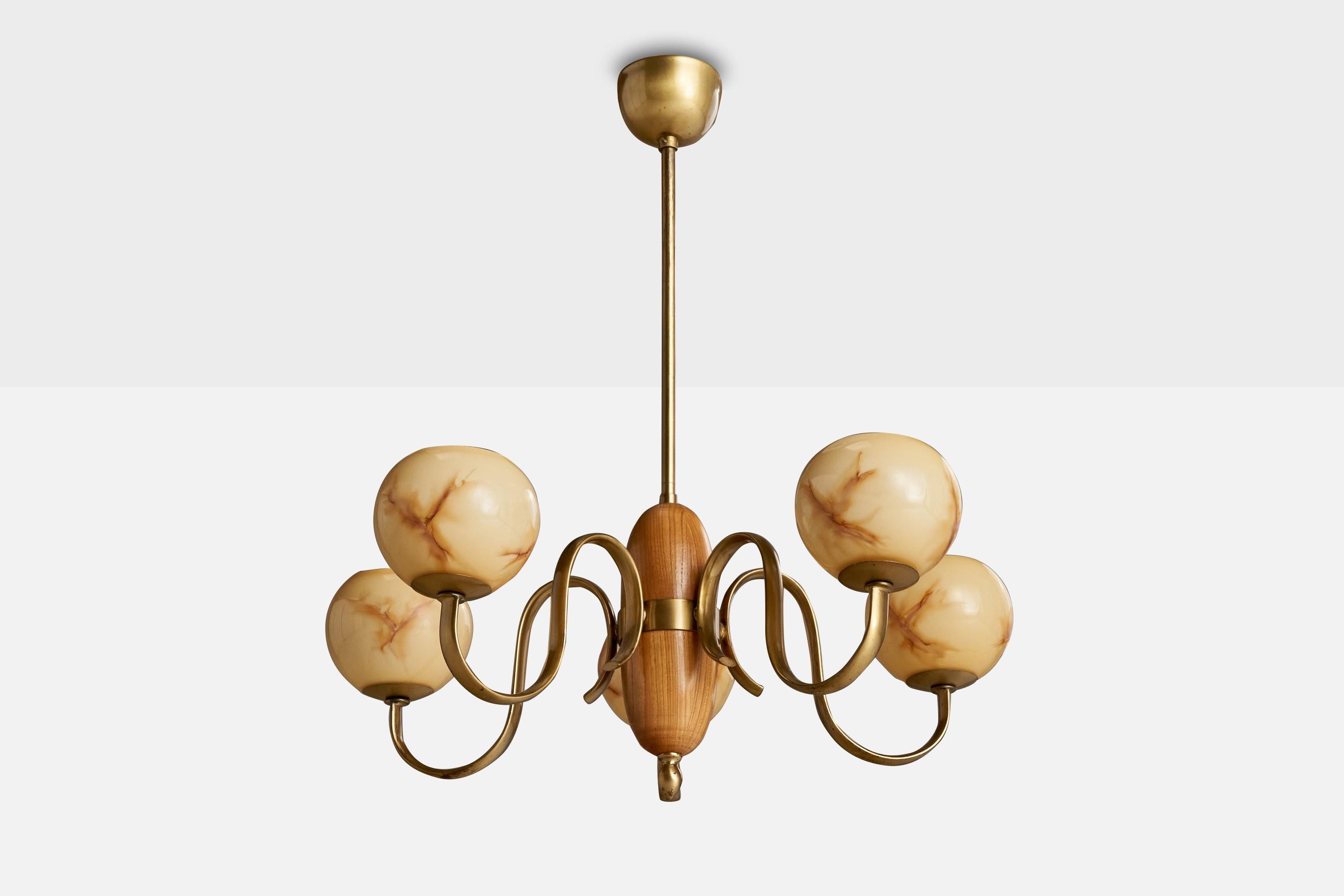 A brass, oak and glass chandelier designed and produced in Sweden, c. 1940s.

Overall Dimensions (inches): 26.5” H x  24.125” Diameter
Dimensions of Canopy:  2.75” H x 3.75” W x 3.75” D
Stem length: 13.25”H
Bulb Specifications: E-26  Bulbs
Number of