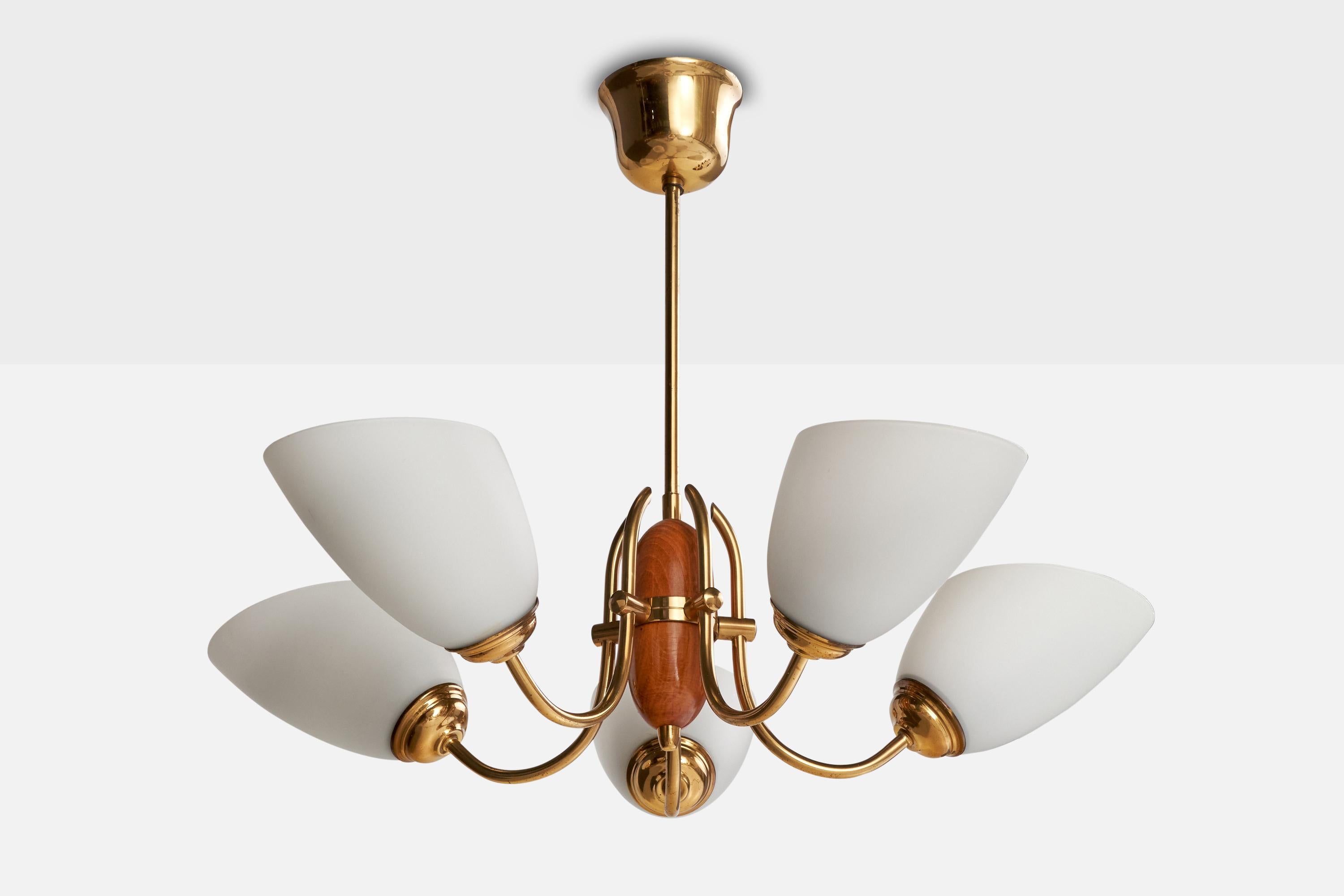 A brass, stained oak and white opaline glass chandelier designed and produced in Sweden, c. 1940s. 

Overall Dimensions (inches): 18.75” H x  25” Diameter

Dimensions of Canopy:  2.625” H x 4” diameter

Stem length: 8.5” H

Bulb Specifications: E-26