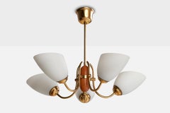 Schwedischer Designer, Kronleuchter, Messing, Eiche, Glas, Schweden, 1940er Jahre