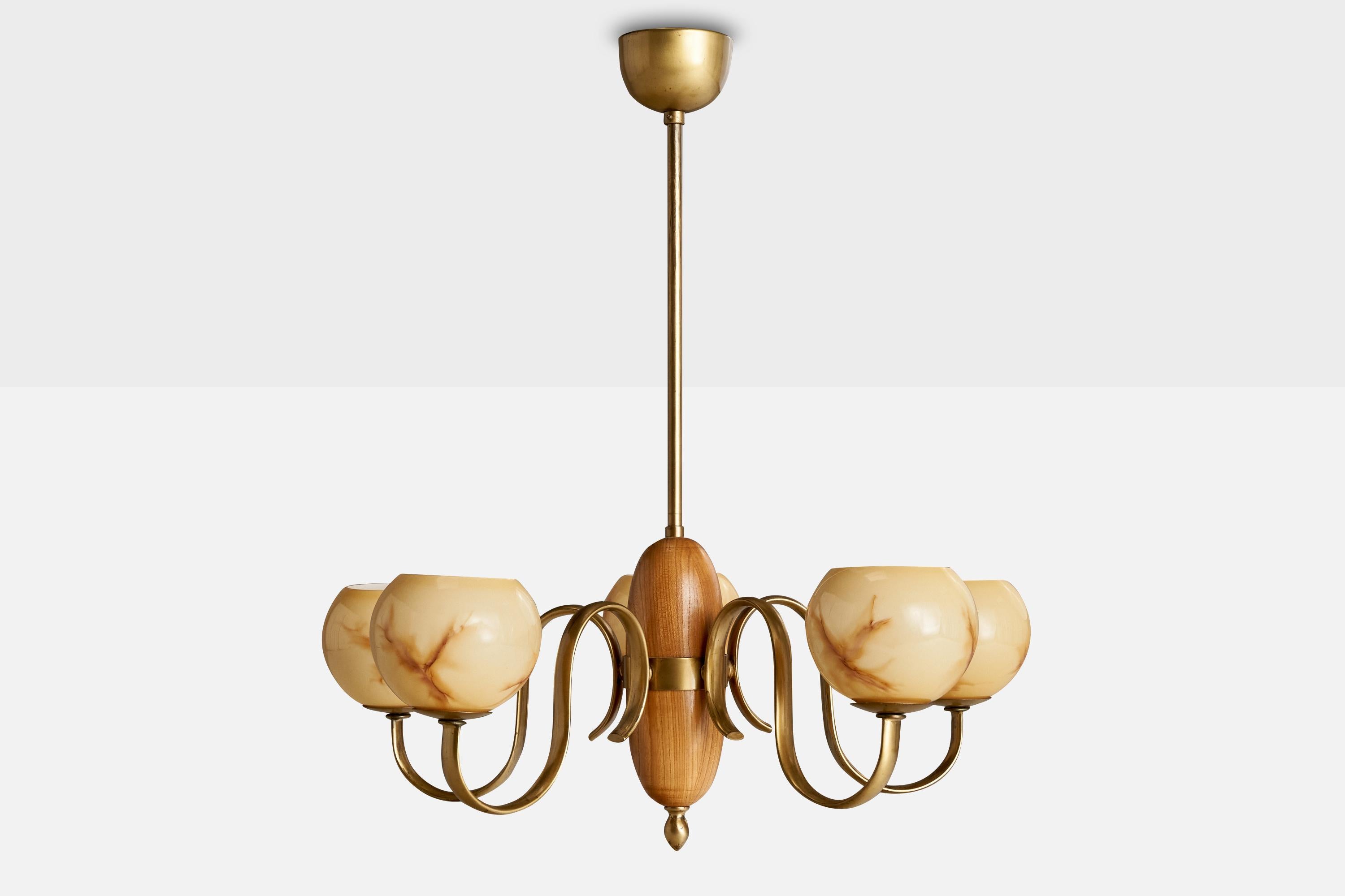 Scandinavian Modern Swedish Designer, Chandelier, Brass, Oak, Glass, Sweden, 1940s For Sale