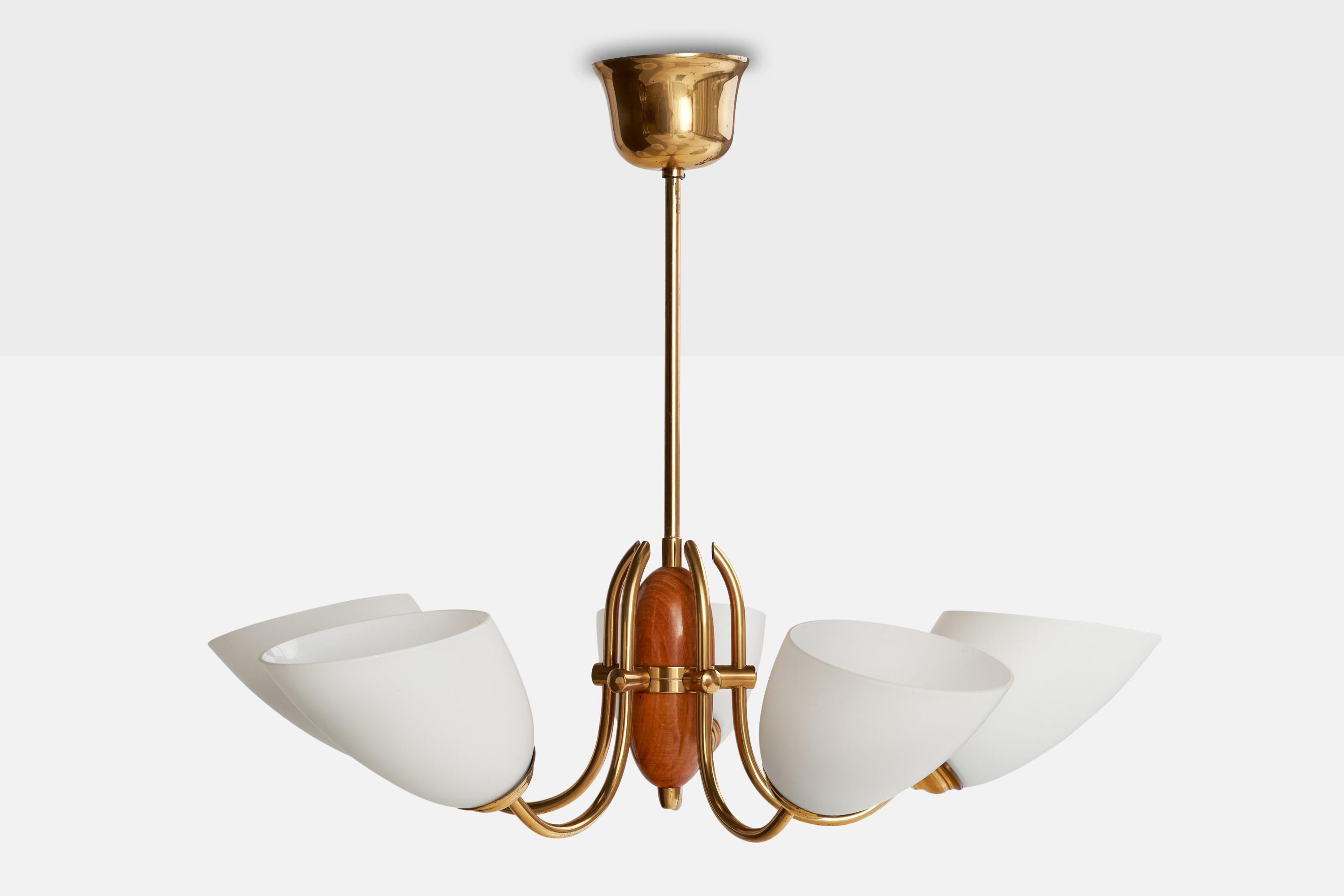 Scandinavian Modern Swedish Designer, Chandelier, Brass, Oak, Glass, Sweden, 1940s For Sale