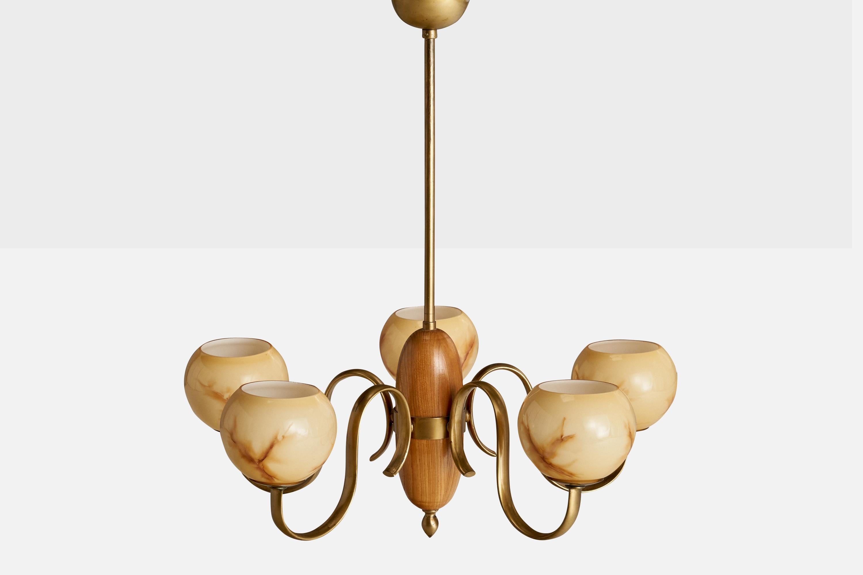 Swedish Designer, Chandelier, Brass, Oak, Glass, Sweden, 1940s In Good Condition For Sale In High Point, NC