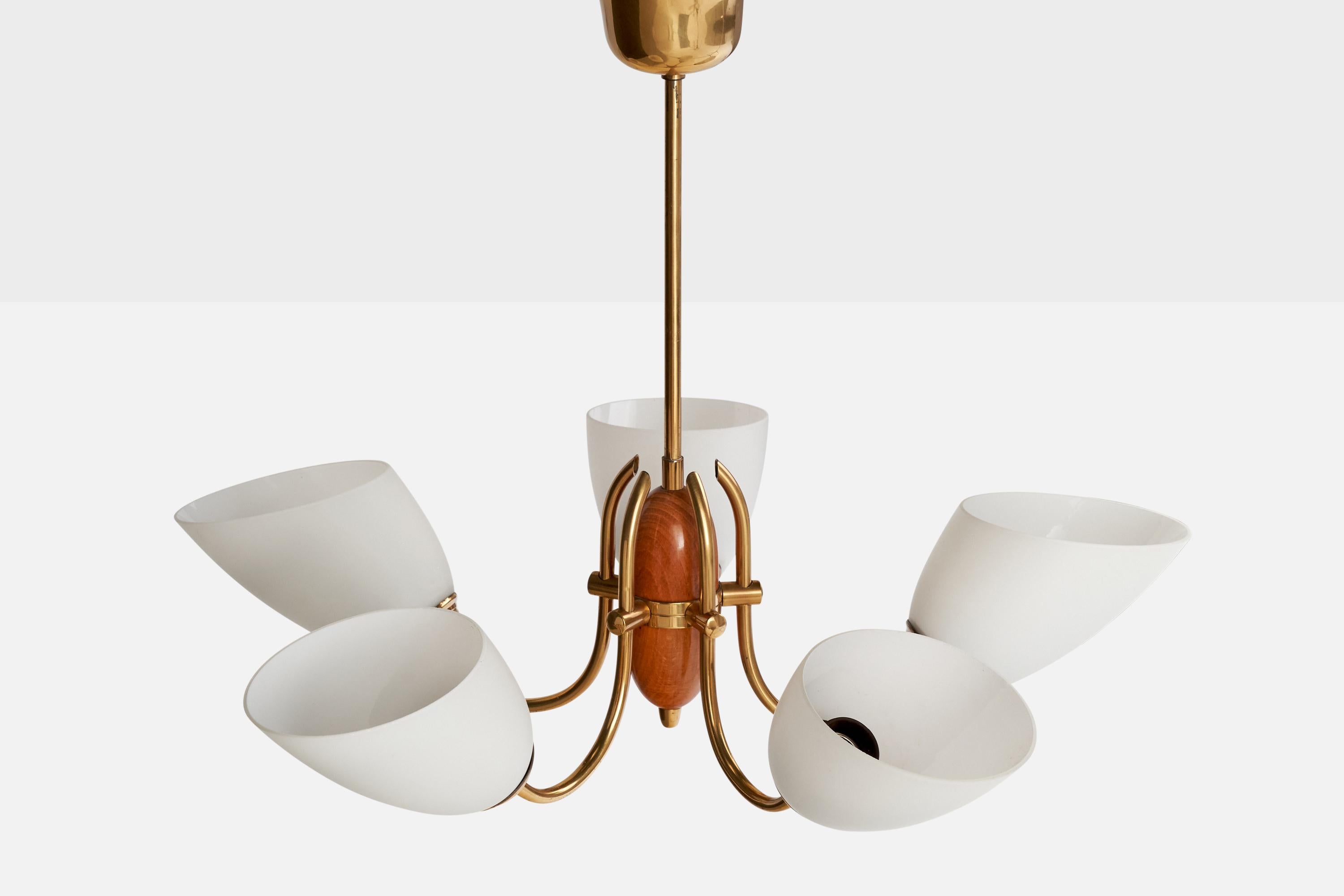 Swedish Designer, Chandelier, Brass, Oak, Glass, Sweden, 1940s In Good Condition For Sale In High Point, NC