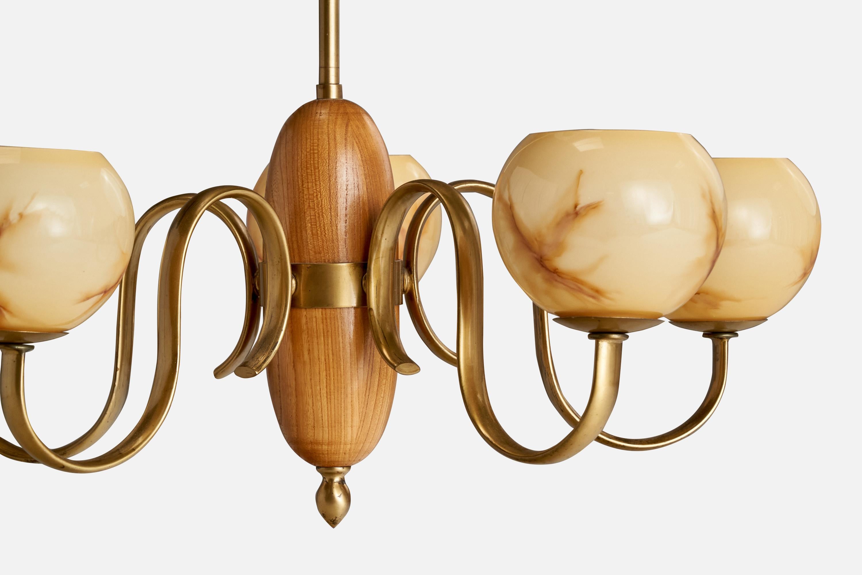 Mid-20th Century Swedish Designer, Chandelier, Brass, Oak, Glass, Sweden, 1940s For Sale