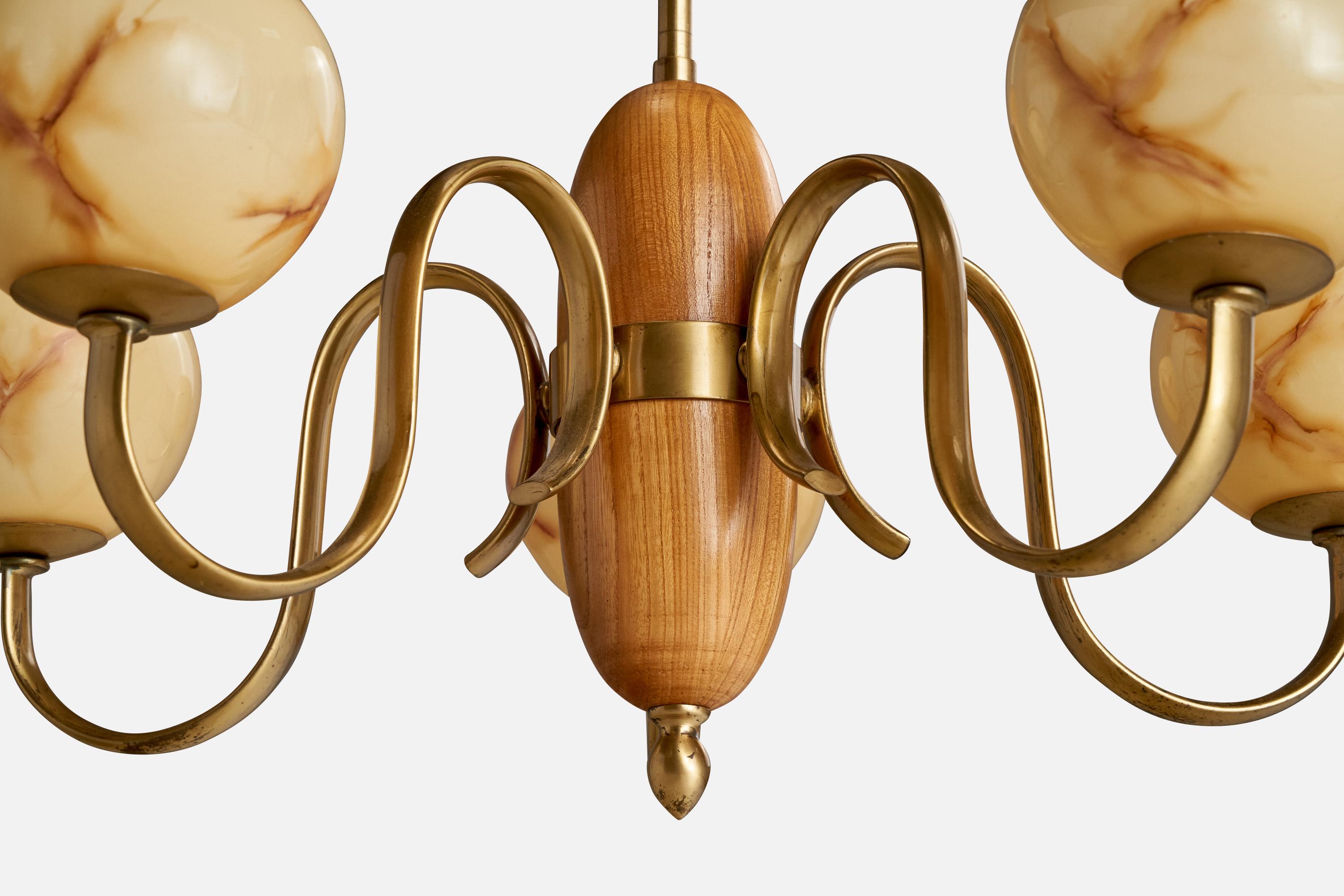 Swedish Designer, Chandelier, Brass, Oak, Glass, Sweden, 1940s For Sale 1