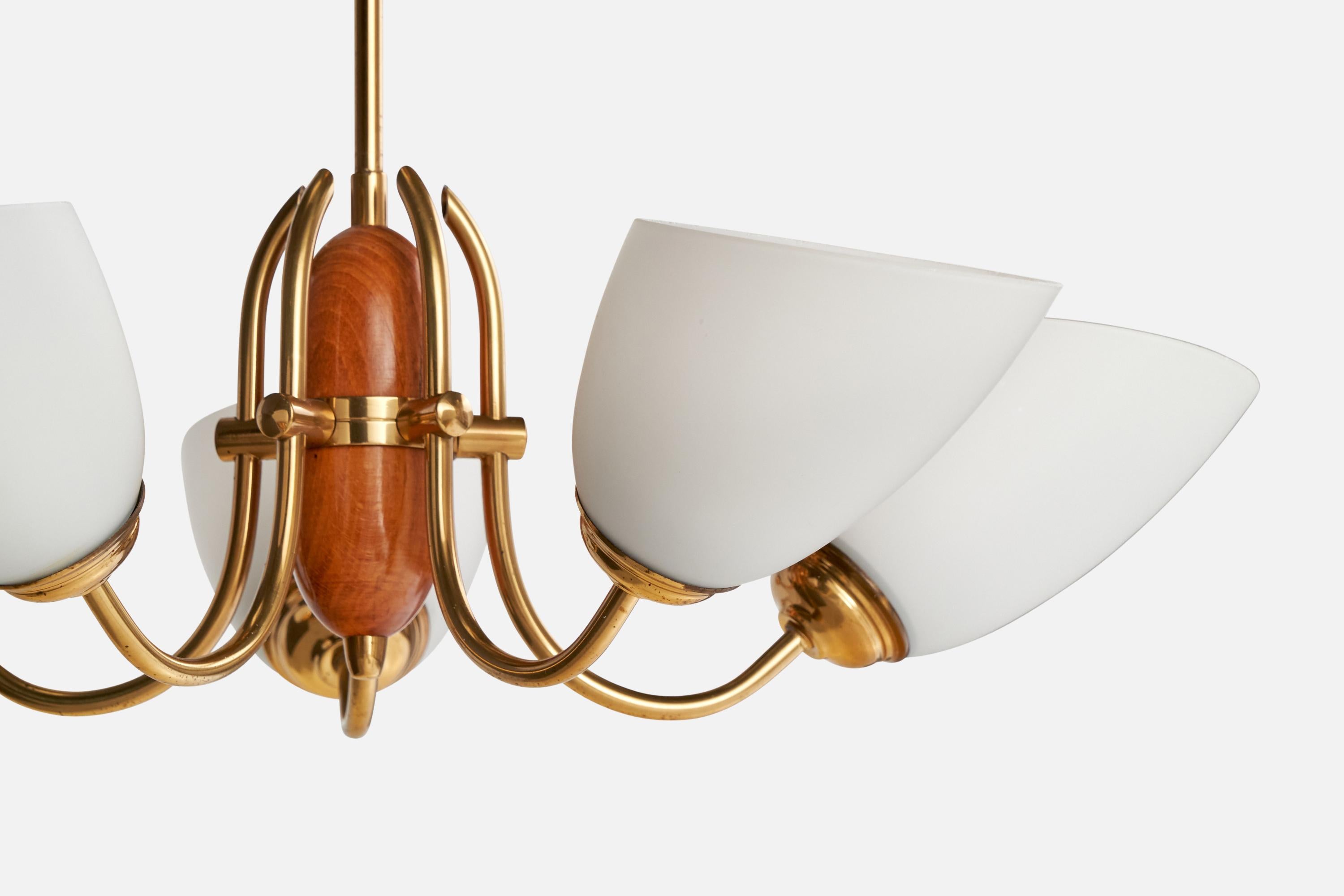 Swedish Designer, Chandelier, Brass, Oak, Glass, Sweden, 1940s For Sale 1