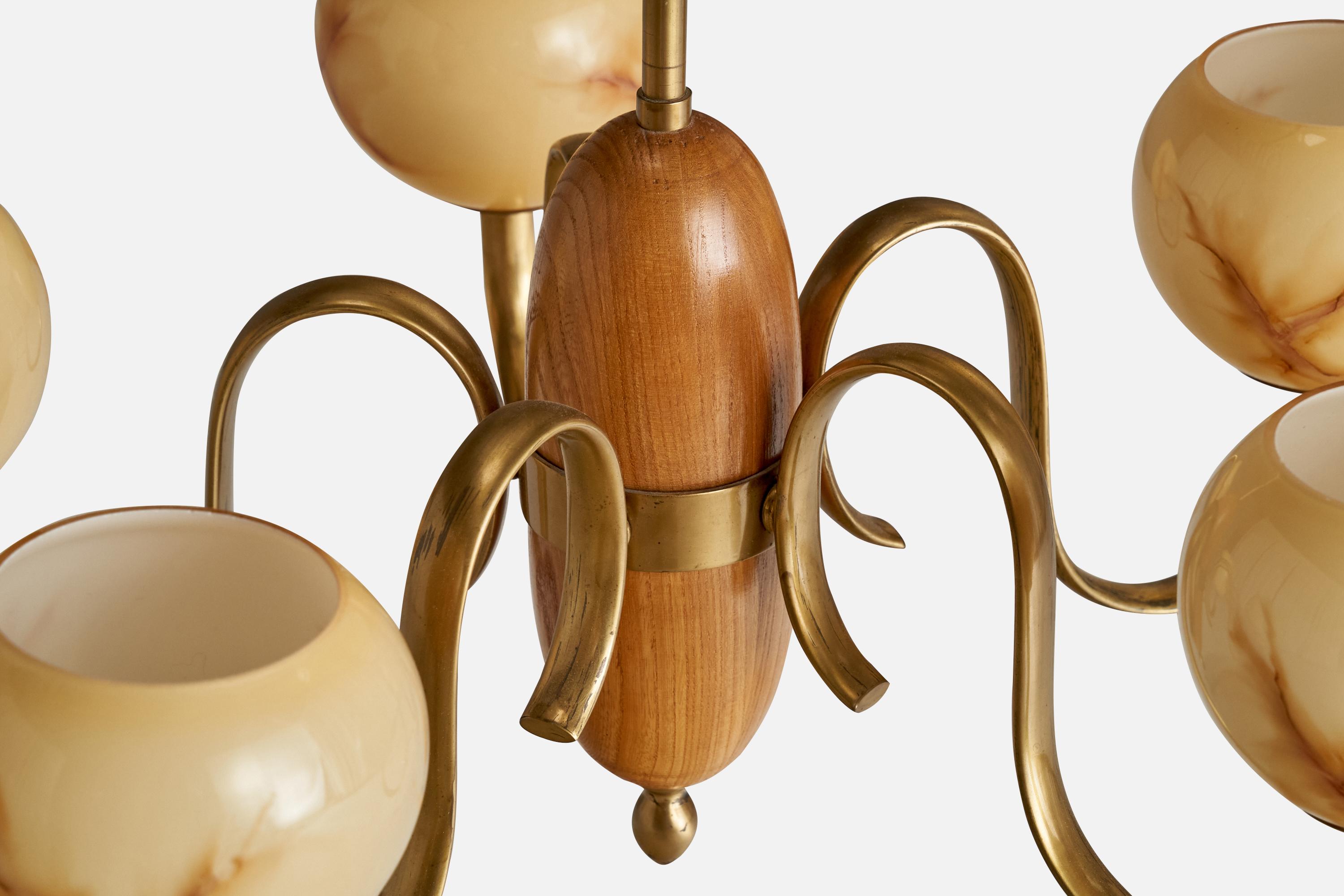 Swedish Designer, Chandelier, Brass, Oak, Glass, Sweden, 1940s For Sale 2