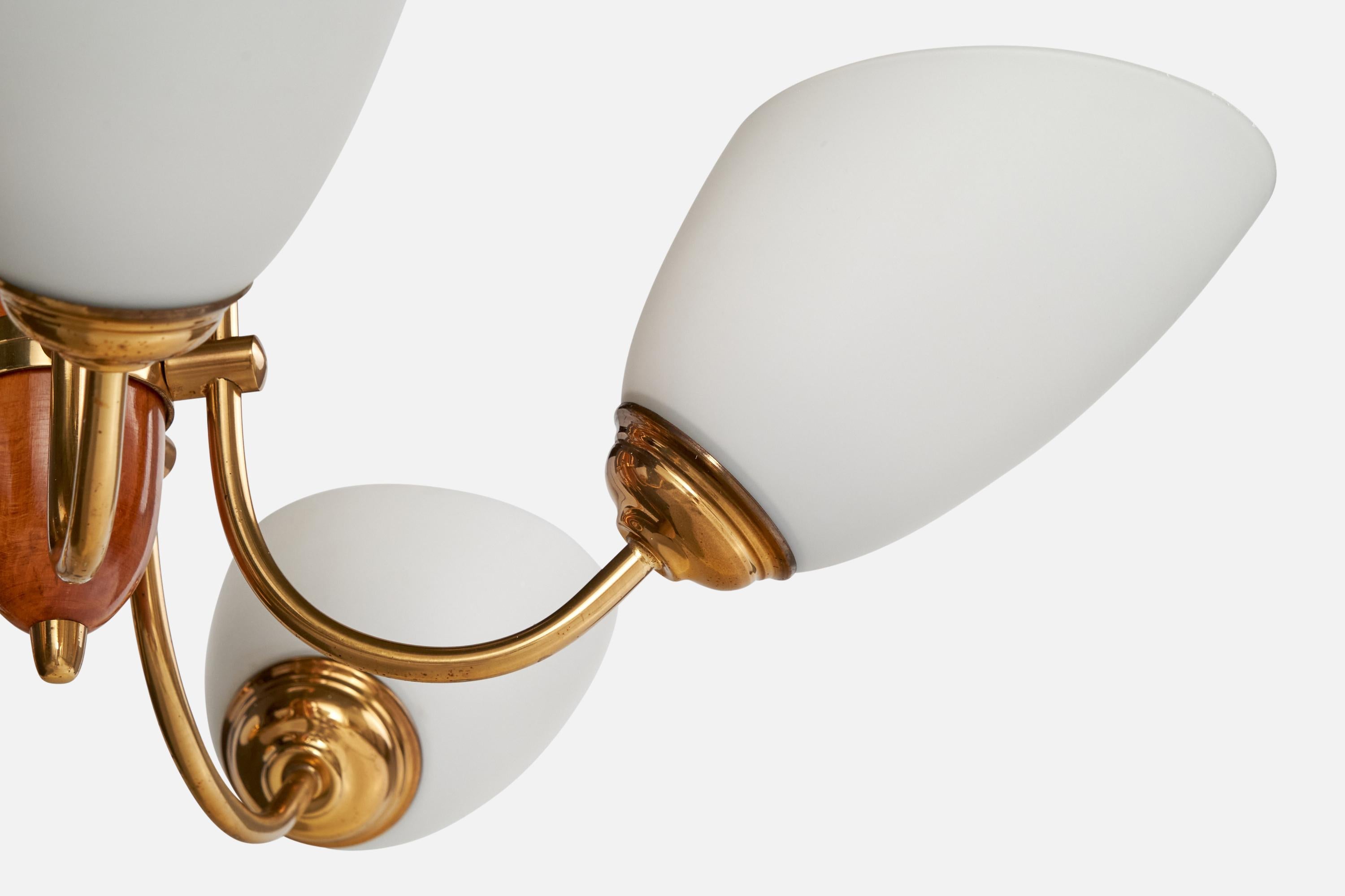 Swedish Designer, Chandelier, Brass, Oak, Glass, Sweden, 1940s For Sale 2