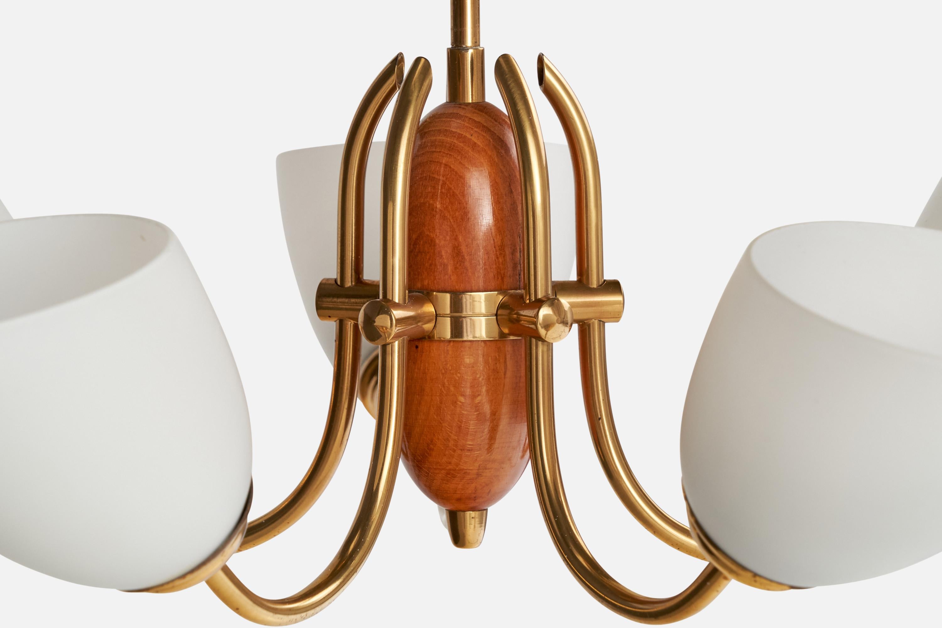 Swedish Designer, Chandelier, Brass, Oak, Glass, Sweden, 1940s For Sale 3