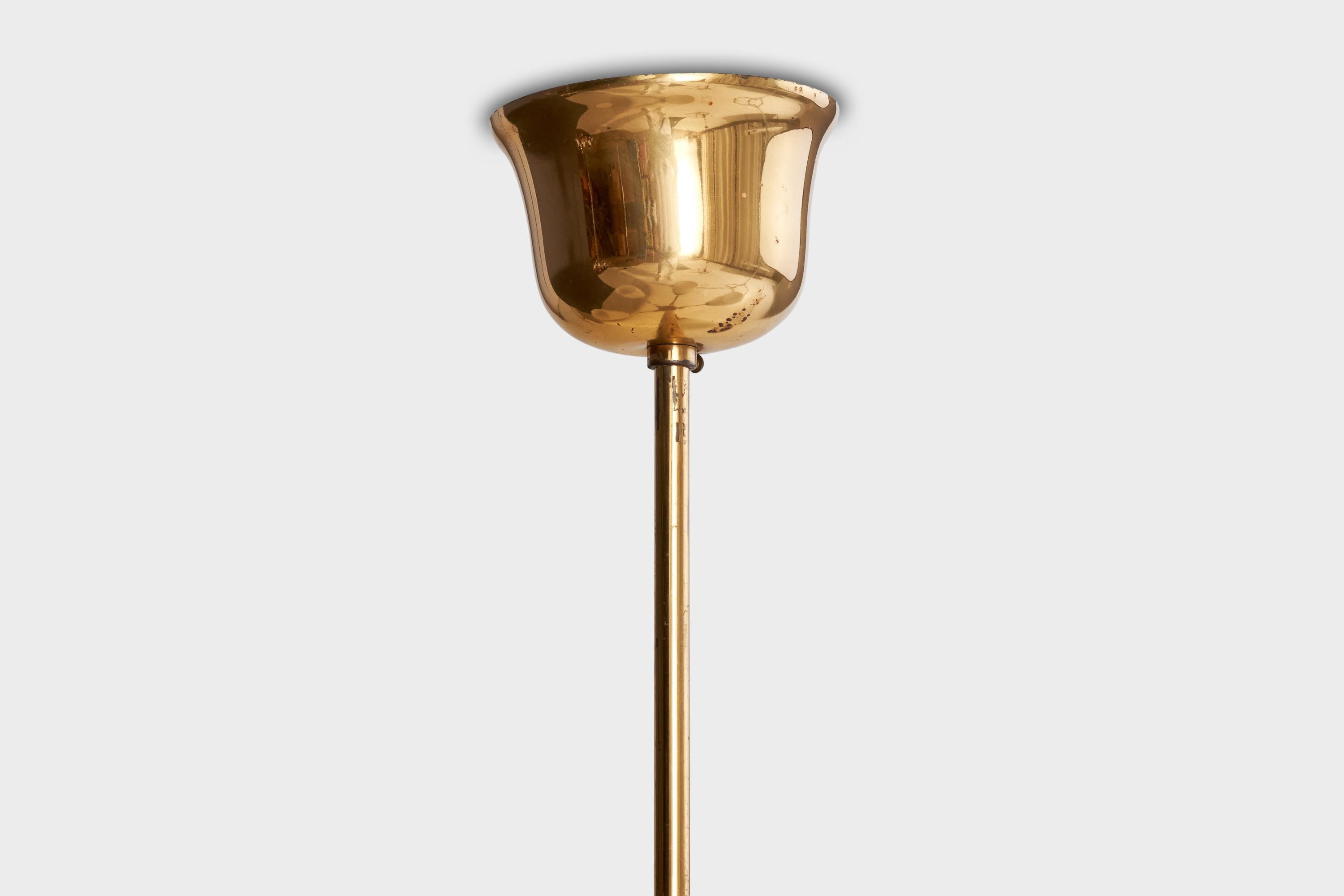 Swedish Designer, Chandelier, Brass, Oak, Glass, Sweden, 1940s For Sale 4