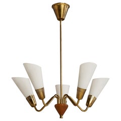 Swedish Designer, Chandelier, Brass, Oak, Glass, Sweden, 1940s