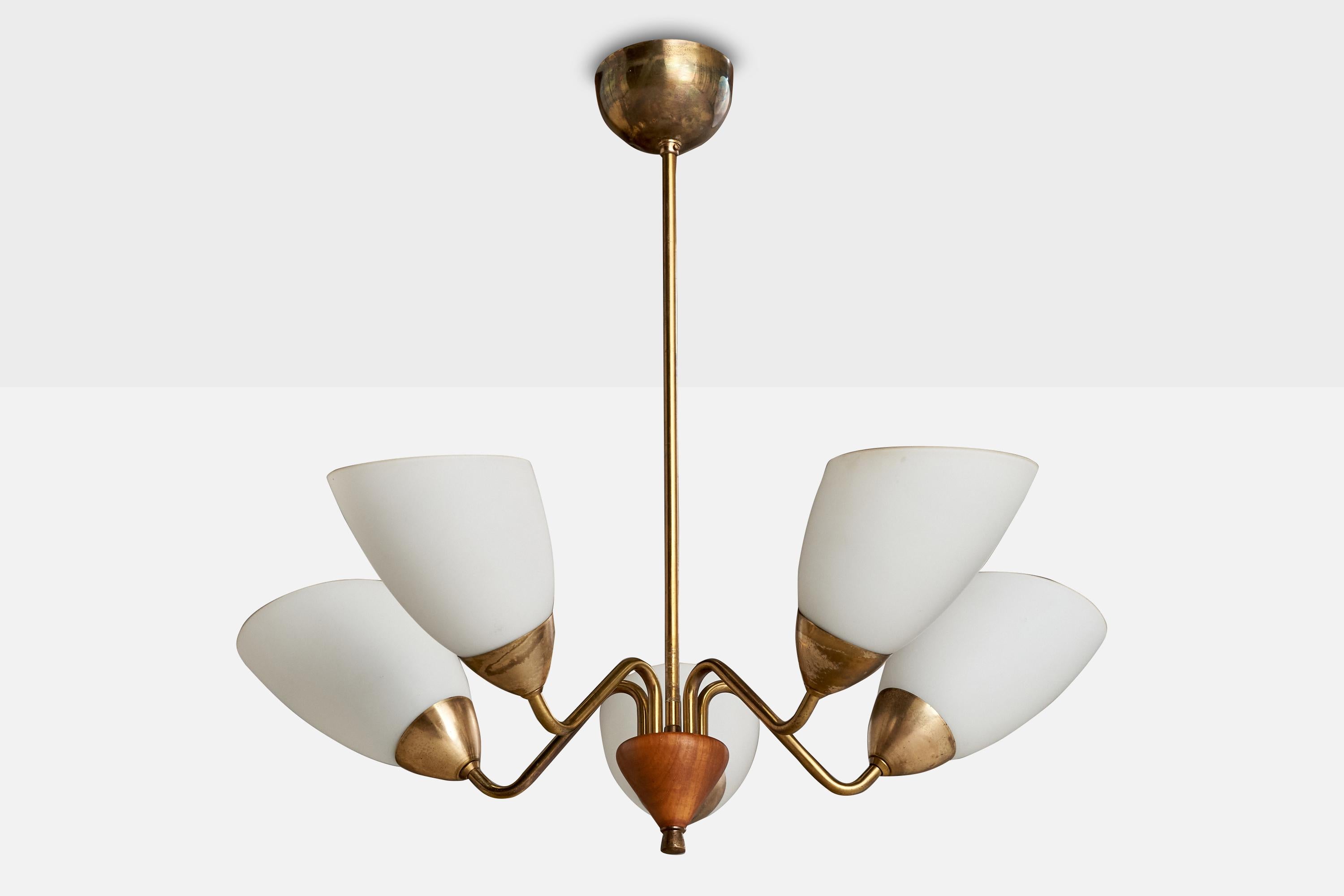 A brass, oak and white opaline glass chandelier designed and produced in Sweden, c. 1950s.

Overall Dimensions (inches): 22.75” H x  23.75” Diameter
Dimensions of Canopy: 2.5 ” H x 3.875” W x 3.875” D
Stem length: 17.25”H
Bulb Specifications: E-26 