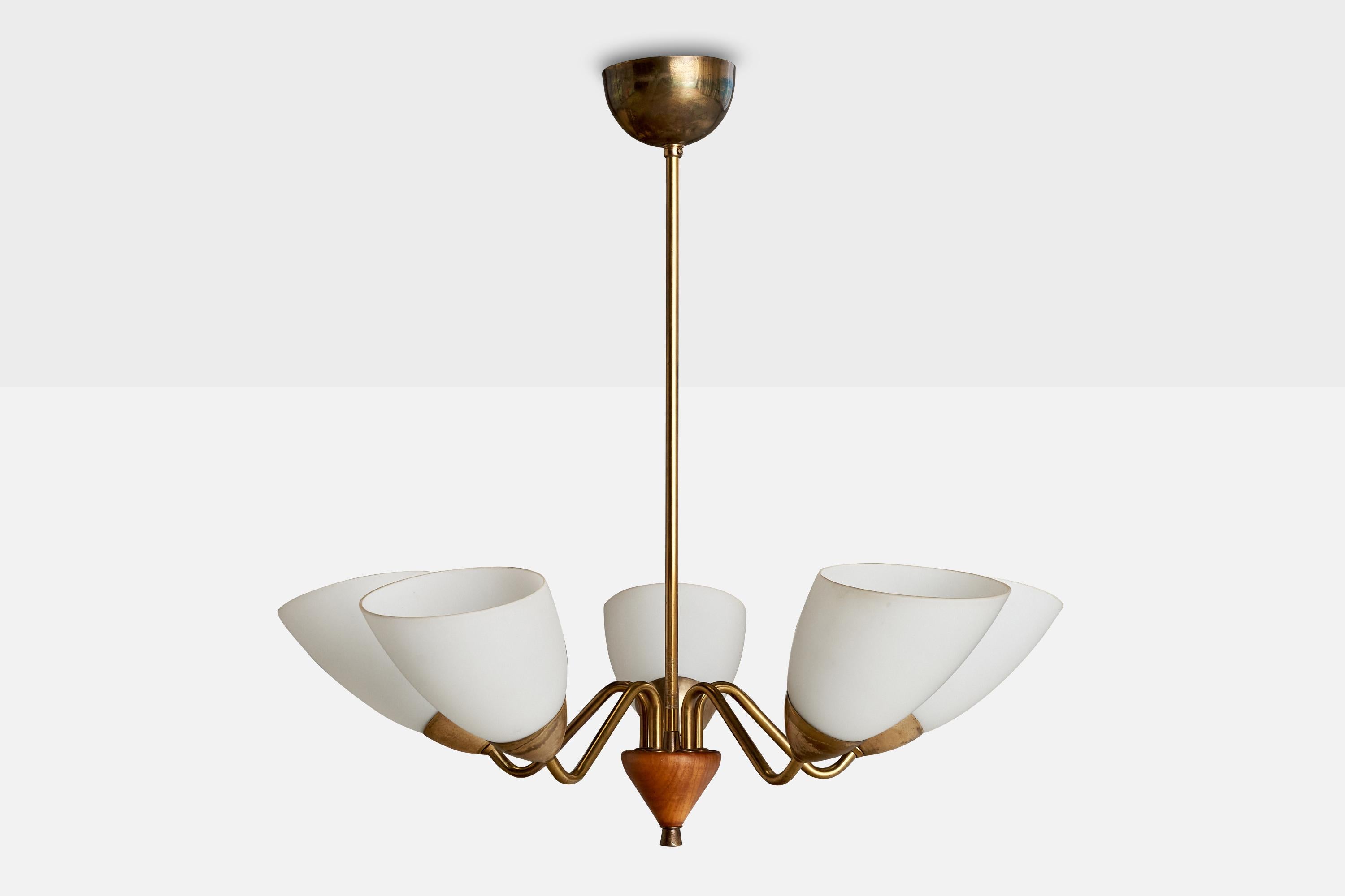 Scandinavian Modern Swedish Designer, Chandelier, Brass, Oak, Glass, Sweden, 1950s For Sale