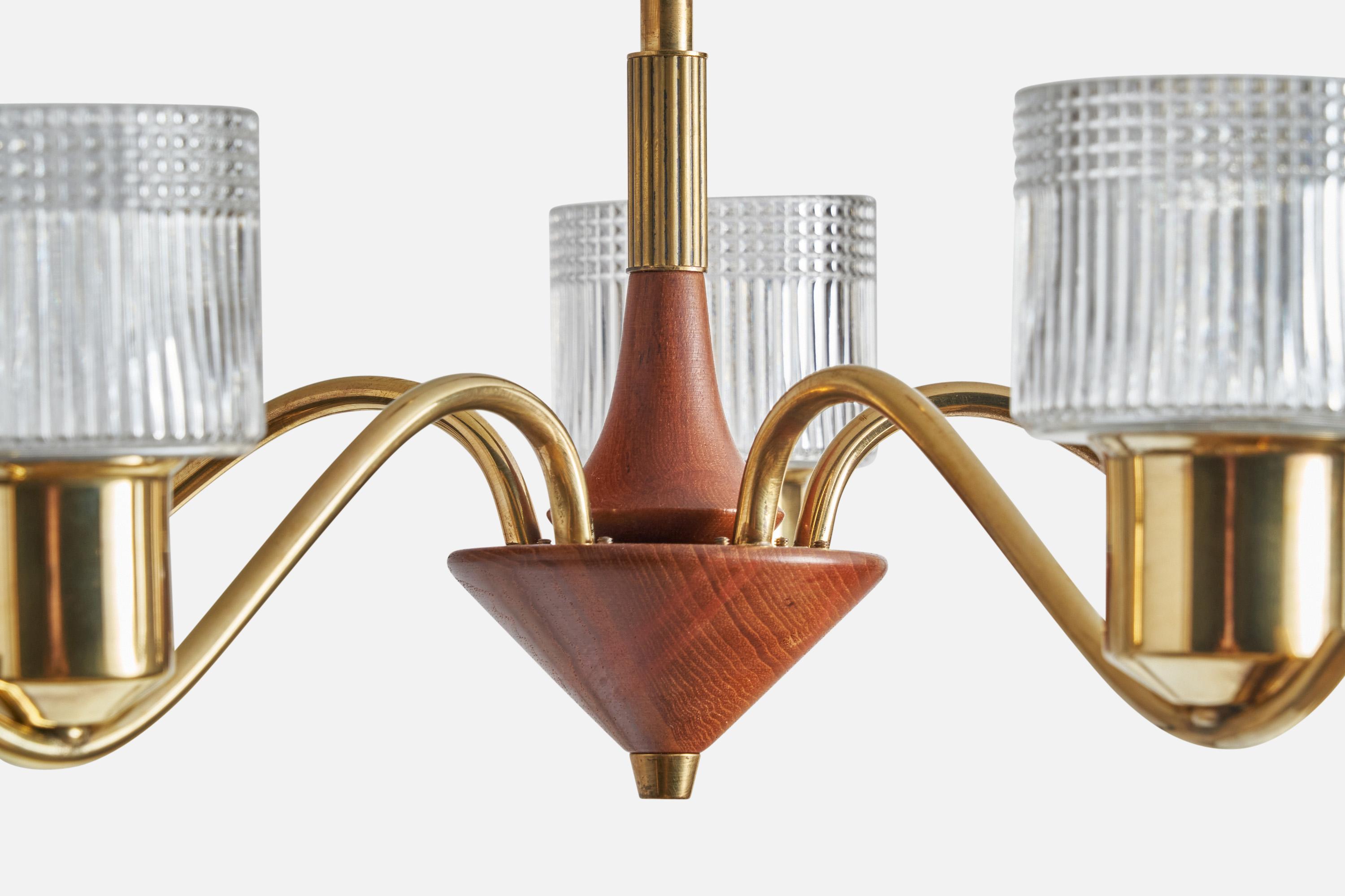 Mid-20th Century Swedish Designer, Chandelier, Brass, Oak, Glass, Sweden, 1950s For Sale