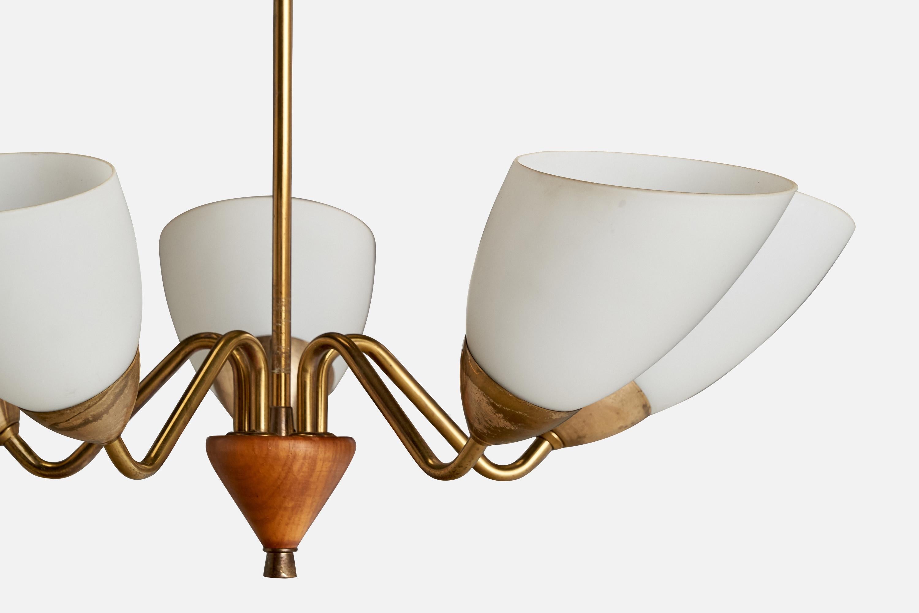 Mid-20th Century Swedish Designer, Chandelier, Brass, Oak, Glass, Sweden, 1950s For Sale
