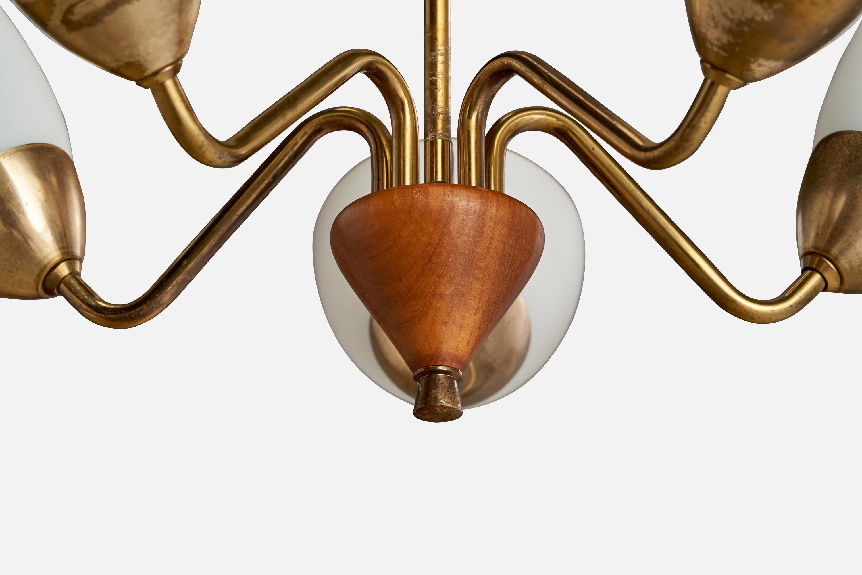 Swedish Designer, Chandelier, Brass, Oak, Glass, Sweden, 1950s For Sale 1