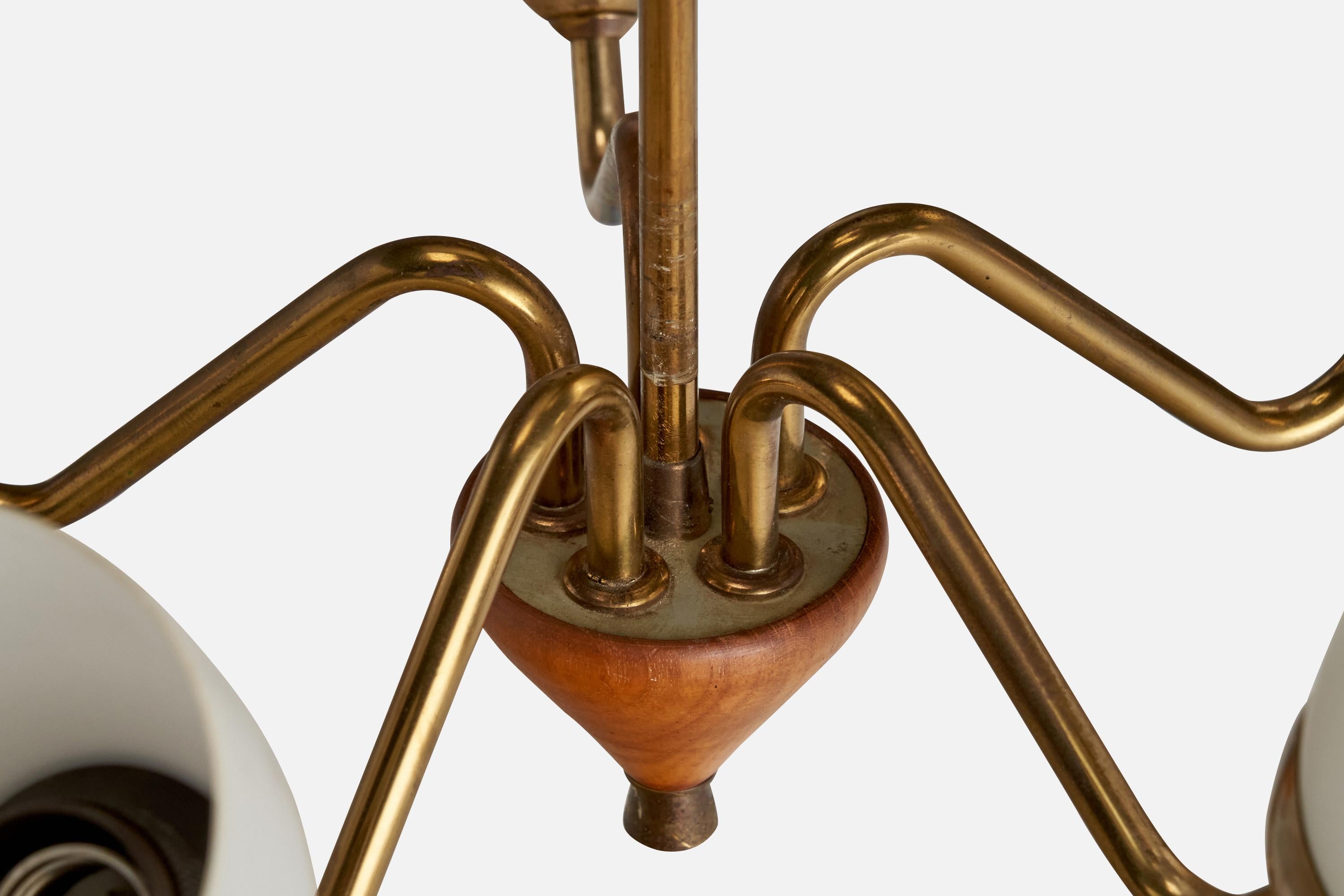 Swedish Designer, Chandelier, Brass, Oak, Glass, Sweden, 1950s For Sale 2