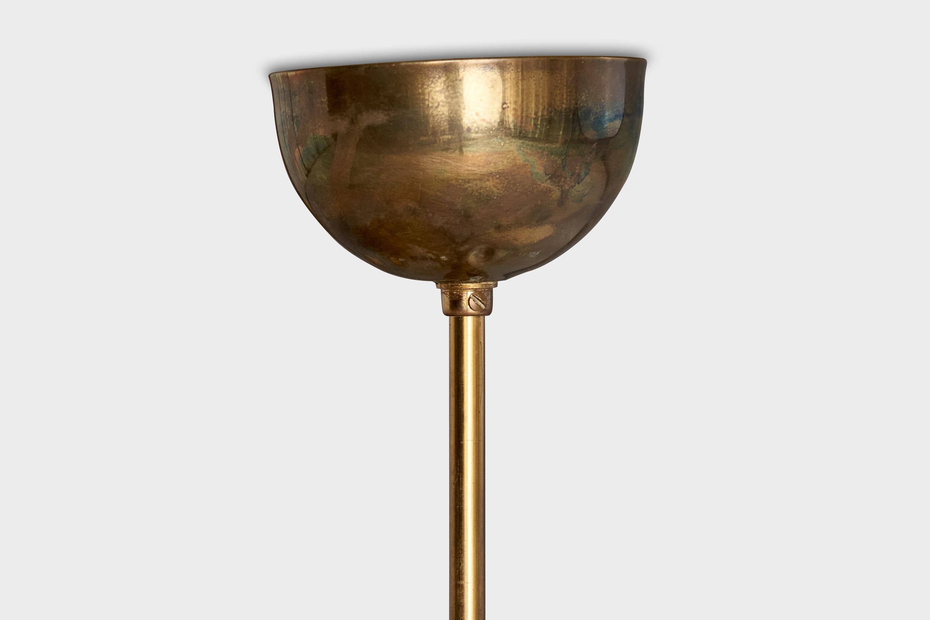 Swedish Designer, Chandelier, Brass, Oak, Glass, Sweden, 1950s For Sale 3