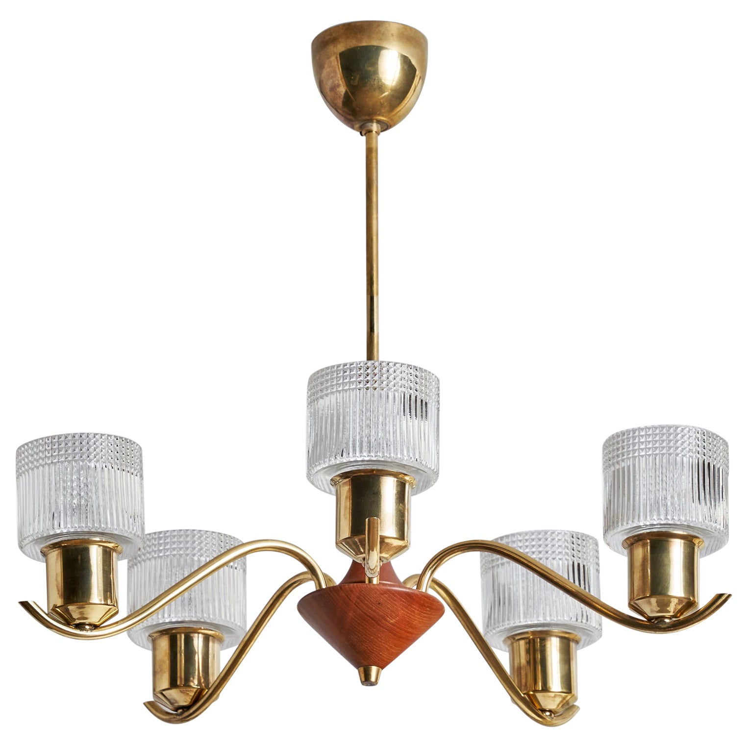 Designer suédois, lustre, laiton, Oak, verre, Suède, années 1950