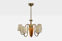 Swedish Designer, Chandelier, Brass, Oak, Parchment, Sweden, 1940s