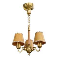 Swedish Designer, Chandelier, Brass, Oak, Parchment, Sweden, 1940s