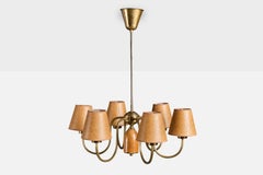 Swedish Designer, Chandelier, Brass, Oak, Parchment, Sweden, 1950s