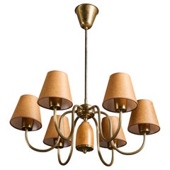Swedish Designer, Chandelier, Brass, Oak, Parchment, Sweden, 1950s