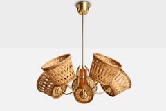 Swedish Designer, Chandelier, Brass, Oak, Rattan, Sweden, 1950s