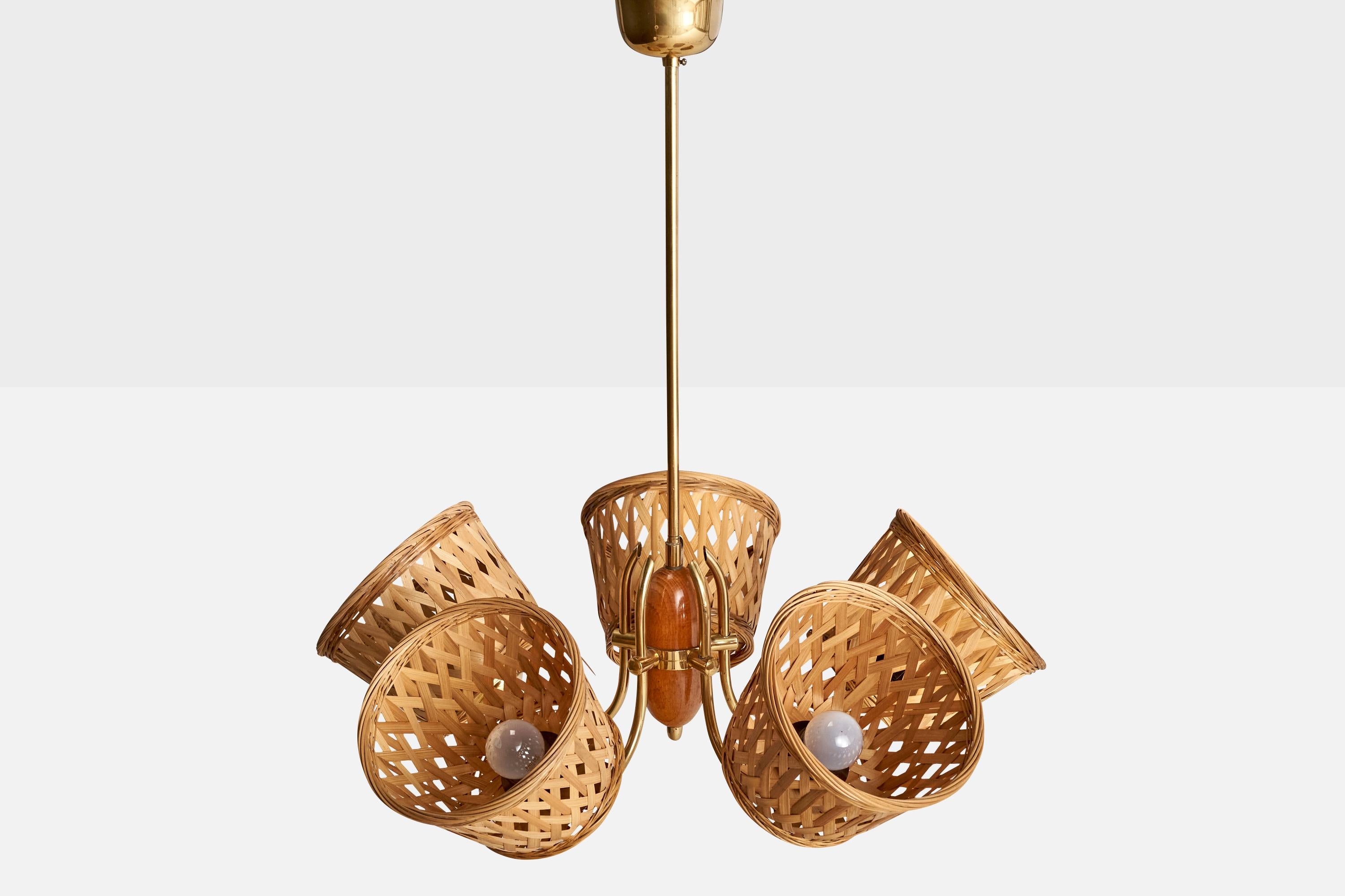 Swedish Designer, Chandelier, Brass, Oak, Rattan, Sweden, 1950s In Good Condition For Sale In High Point, NC