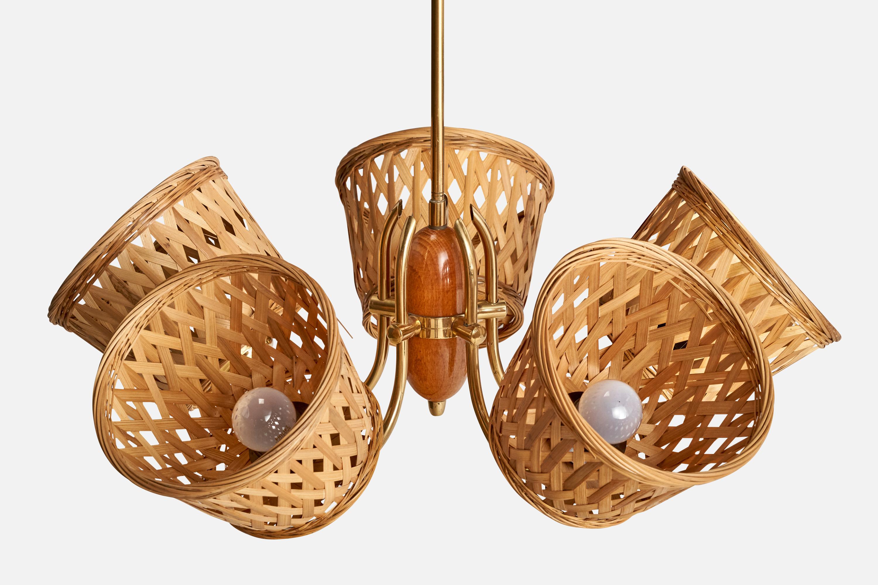 Mid-20th Century Swedish Designer, Chandelier, Brass, Oak, Rattan, Sweden, 1950s For Sale