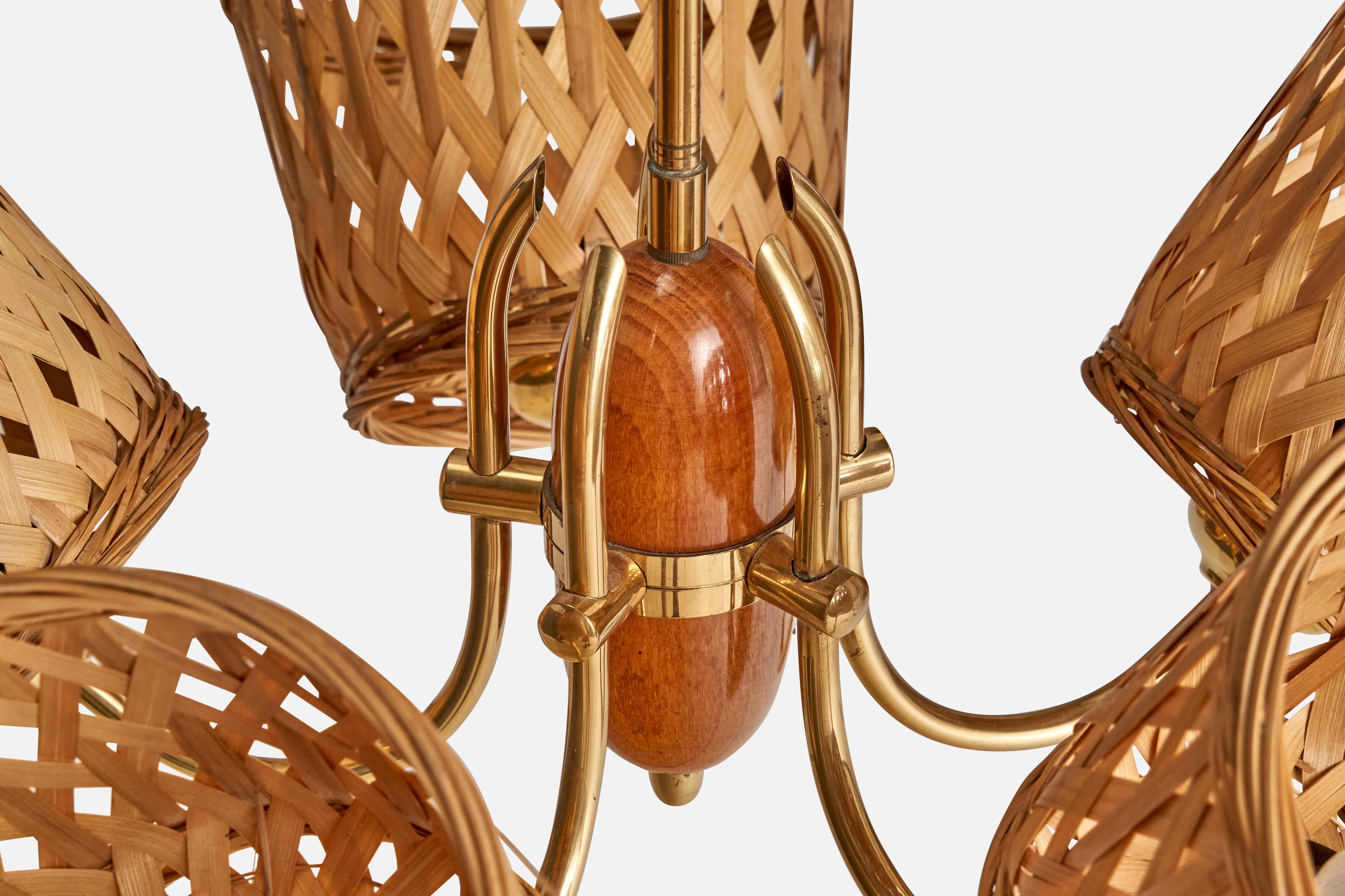 Swedish Designer, Chandelier, Brass, Oak, Rattan, Sweden, 1950s For Sale 1
