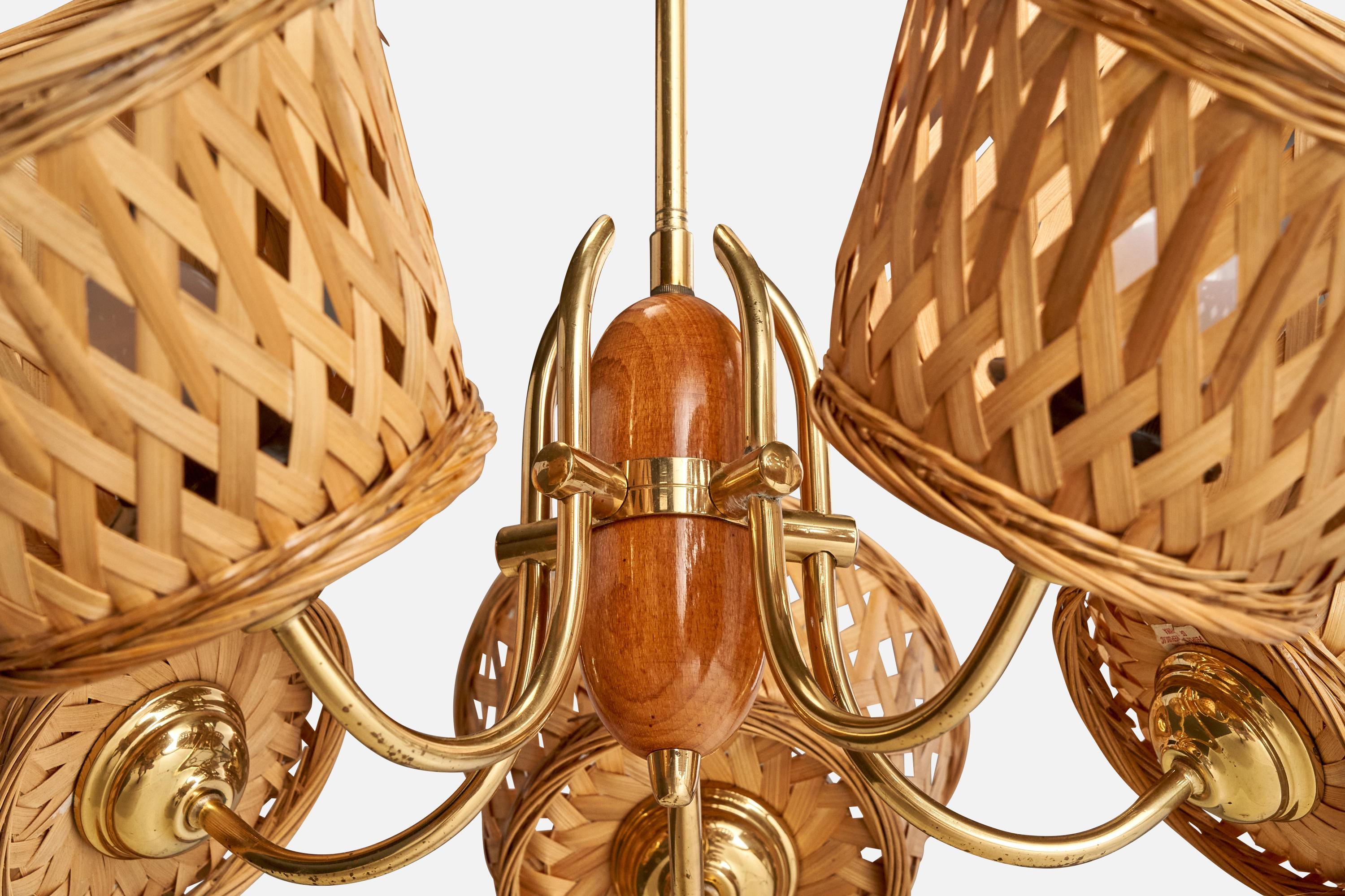 Swedish Designer, Chandelier, Brass, Oak, Rattan, Sweden, 1950s For Sale 2