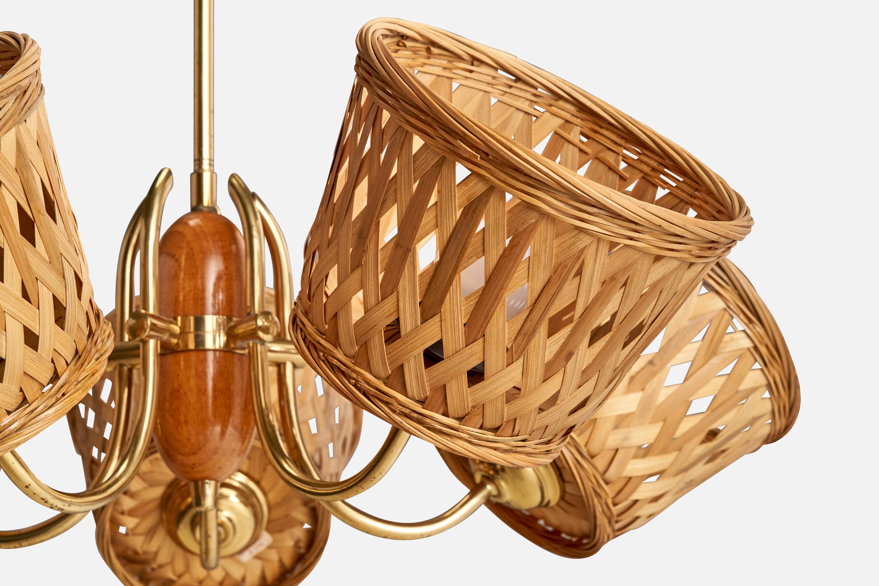 Swedish Designer, Chandelier, Brass, Oak, Rattan, Sweden, 1950s For Sale 3