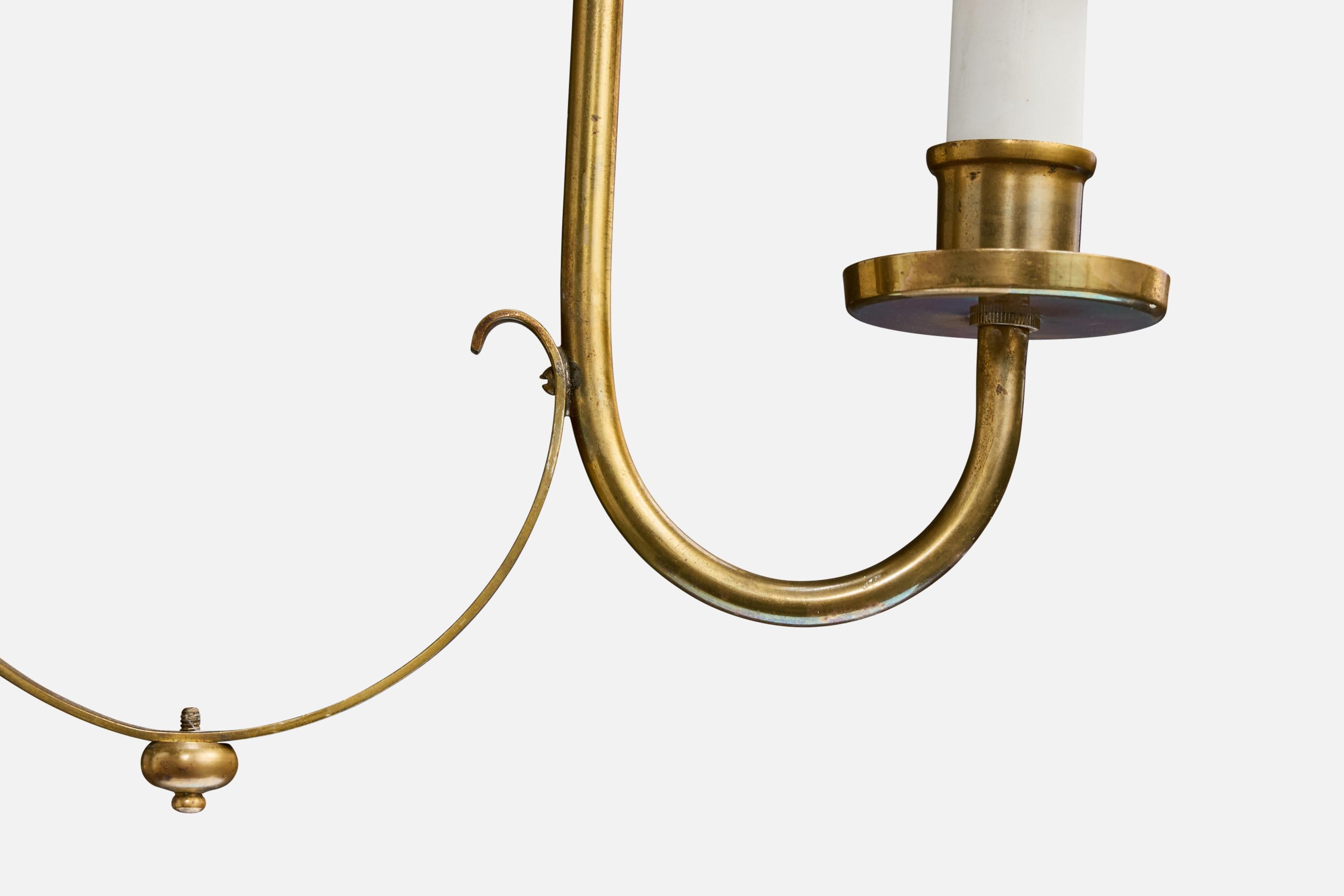 Metà XX secolo Lampadario di design svedese, ottone, plastica, pergamena, Svezia, anni '50 in vendita