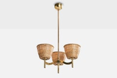 Swedish Designer, Chandelier, Brass, Rattan, Fabric, Sweden, 1950s