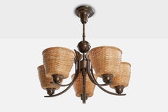 Swedish Designer, Chandelier, Brass, Rattan, Sweden, 1940s
