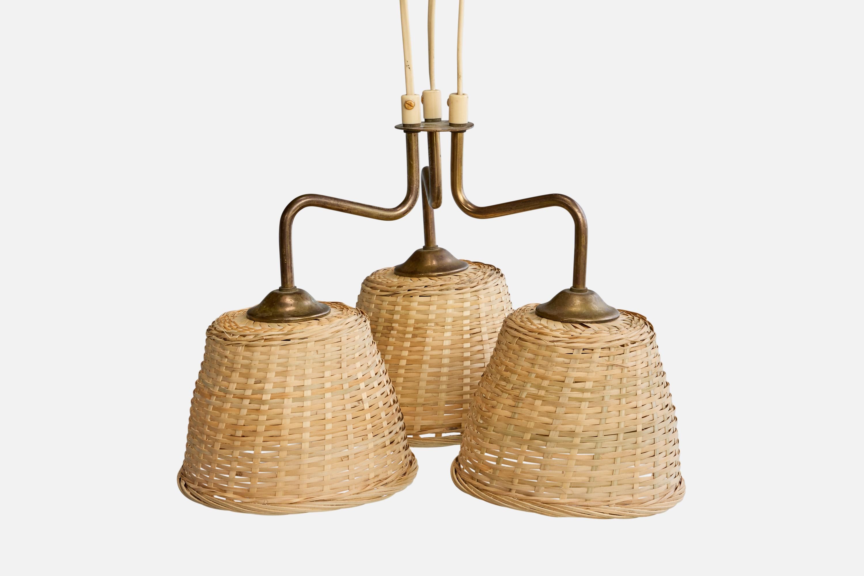 Designer svedese, lampadario, ottone, rattan, Svezia, anni '1940 In condizioni buone in vendita a High Point, NC