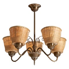 Swedish Designer, Chandelier, Brass, Rattan, Sweden, 1940s