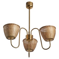 Swedish Designer, Chandelier, Brass, Rattan, Sweden, 1940s